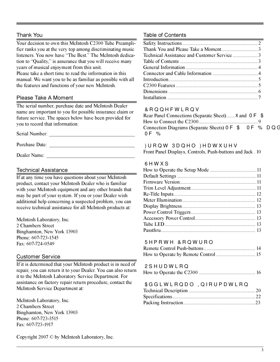 McIntosh C2300 owner manual Thank You, Please Take a Moment, Technical Assistance, Customer Service, Table of Contents 