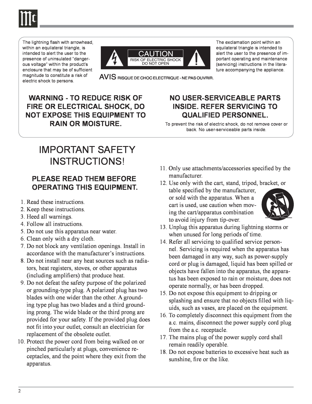 McIntosh C2300 owner manual Important Safety Instructions 