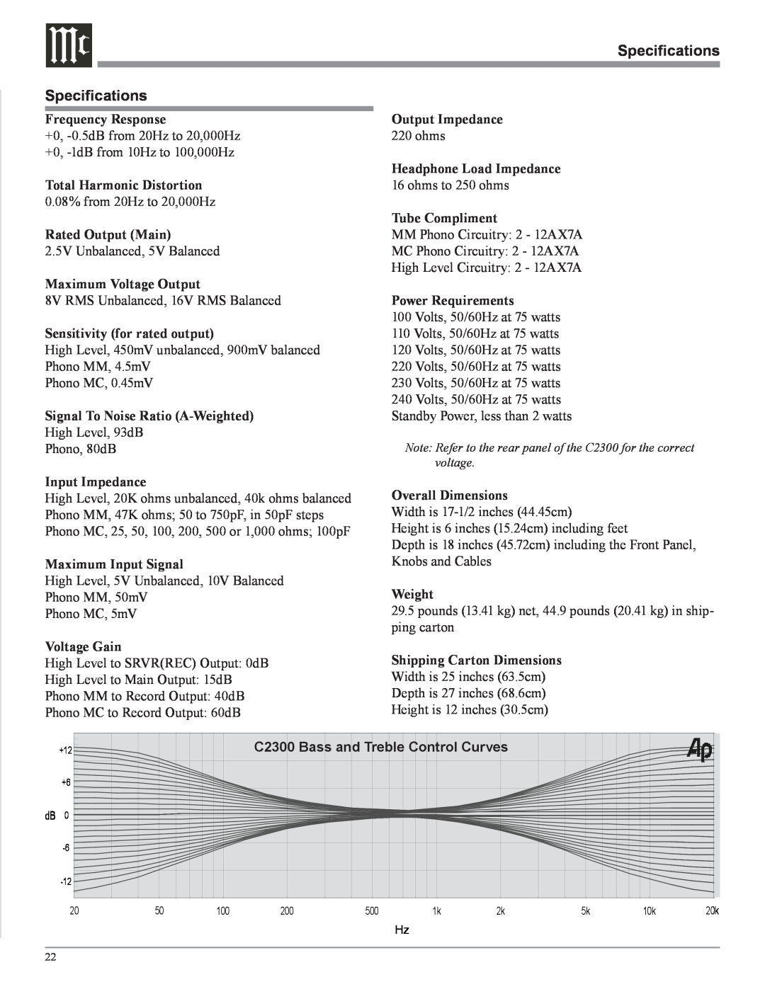 McIntosh owner manual Specifications Specifications, C2300 Bass and Treble Control Curves 