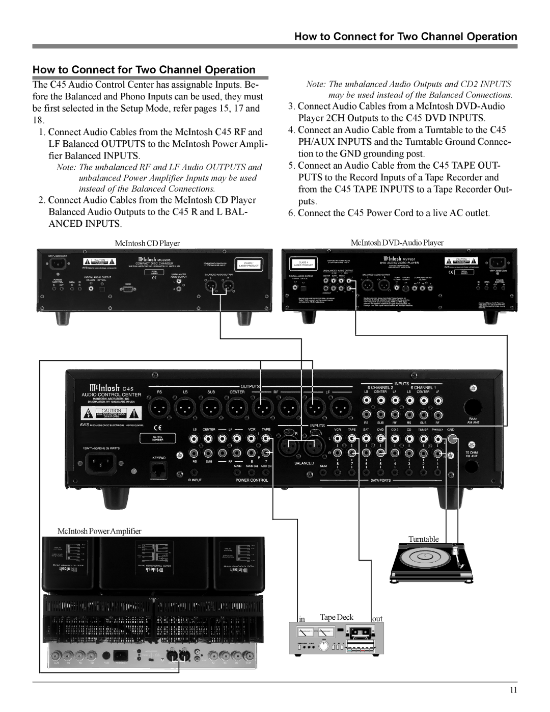 McIntosh C45 owner manual How to Connect for Two Channel Operation, Anced Inputs 