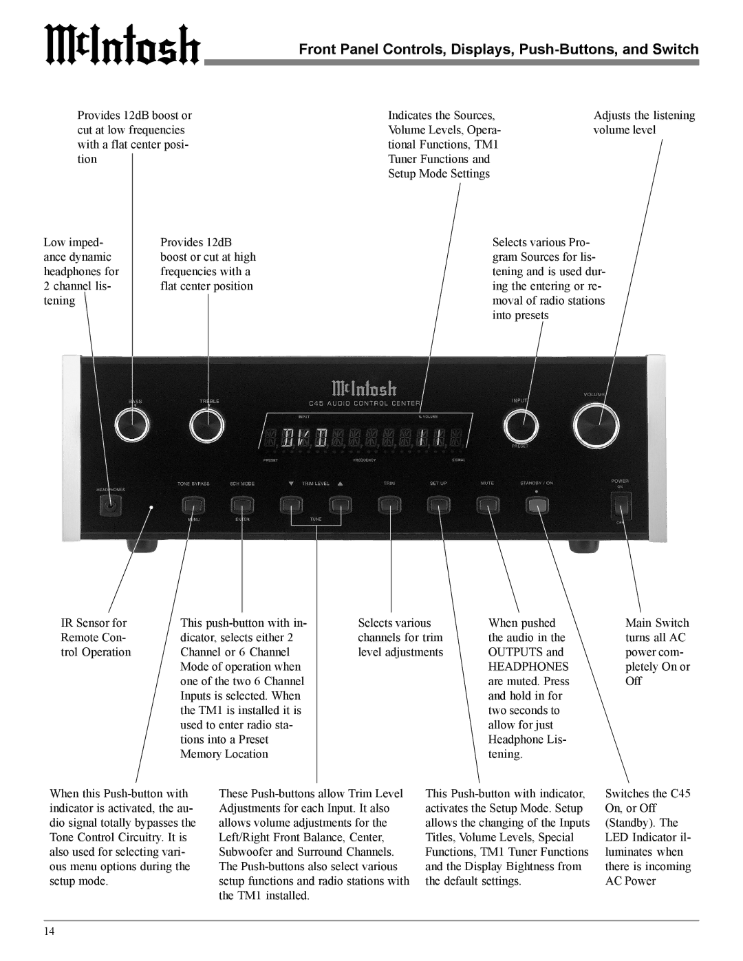 McIntosh C45 owner manual Front Panel Controls, Displays, Push-Buttons, and Switch, Headphones 