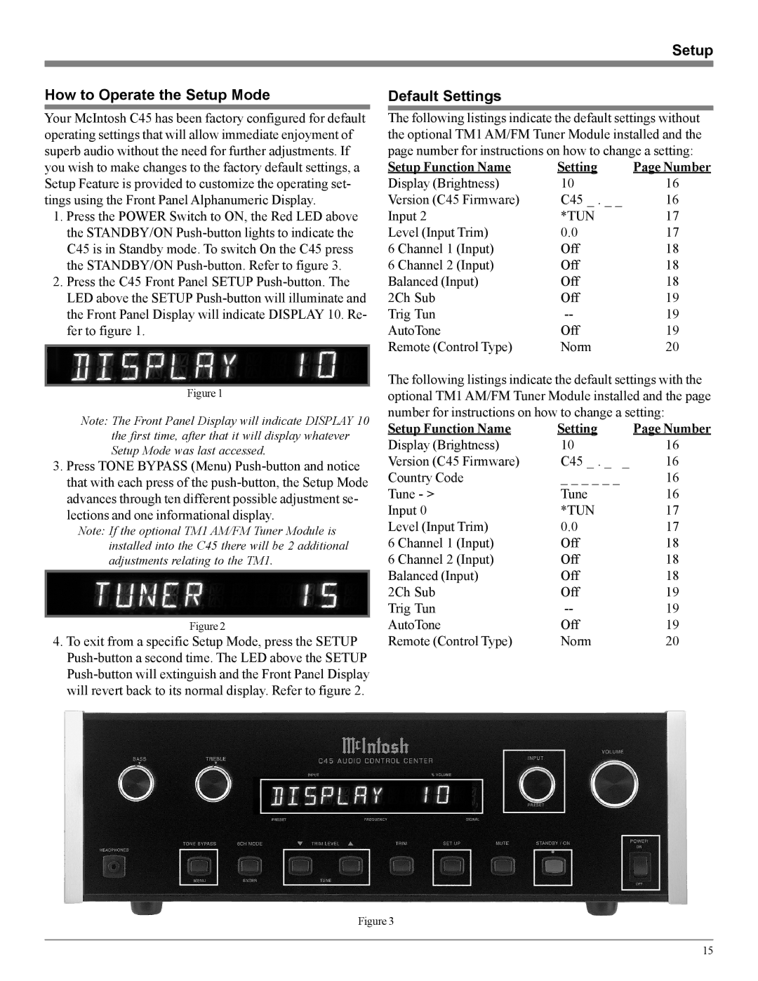 McIntosh C45 owner manual Setup How to Operate the Setup Mode, Default Settings, Setup Function Name Setting 