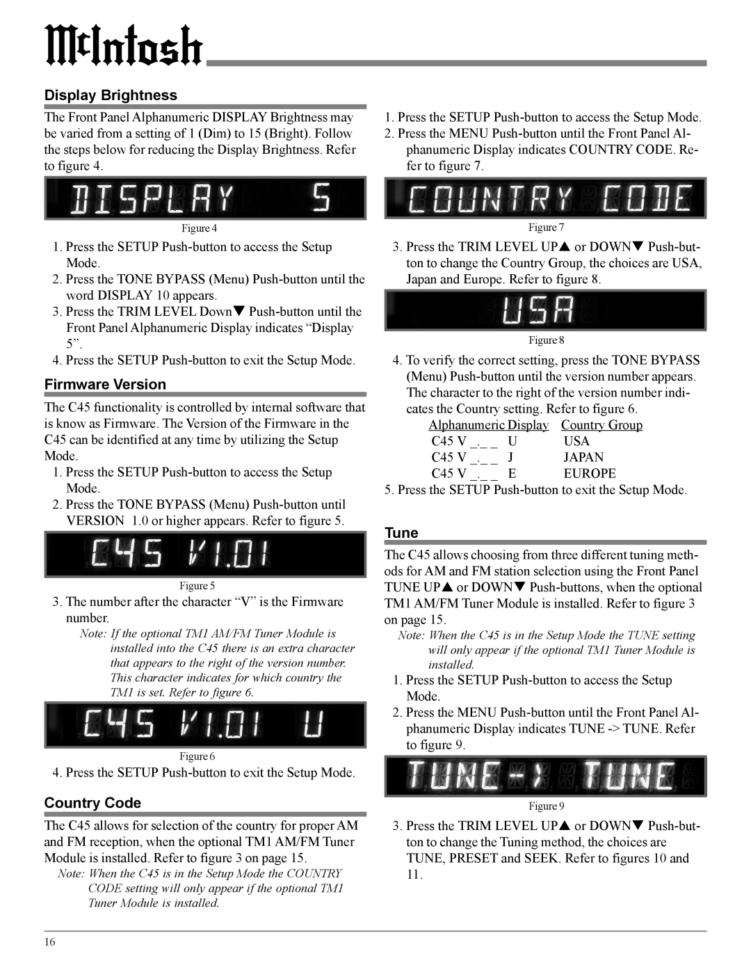 McIntosh C45 owner manual Display Brightness, Firmware Version, Country Code, Tune 