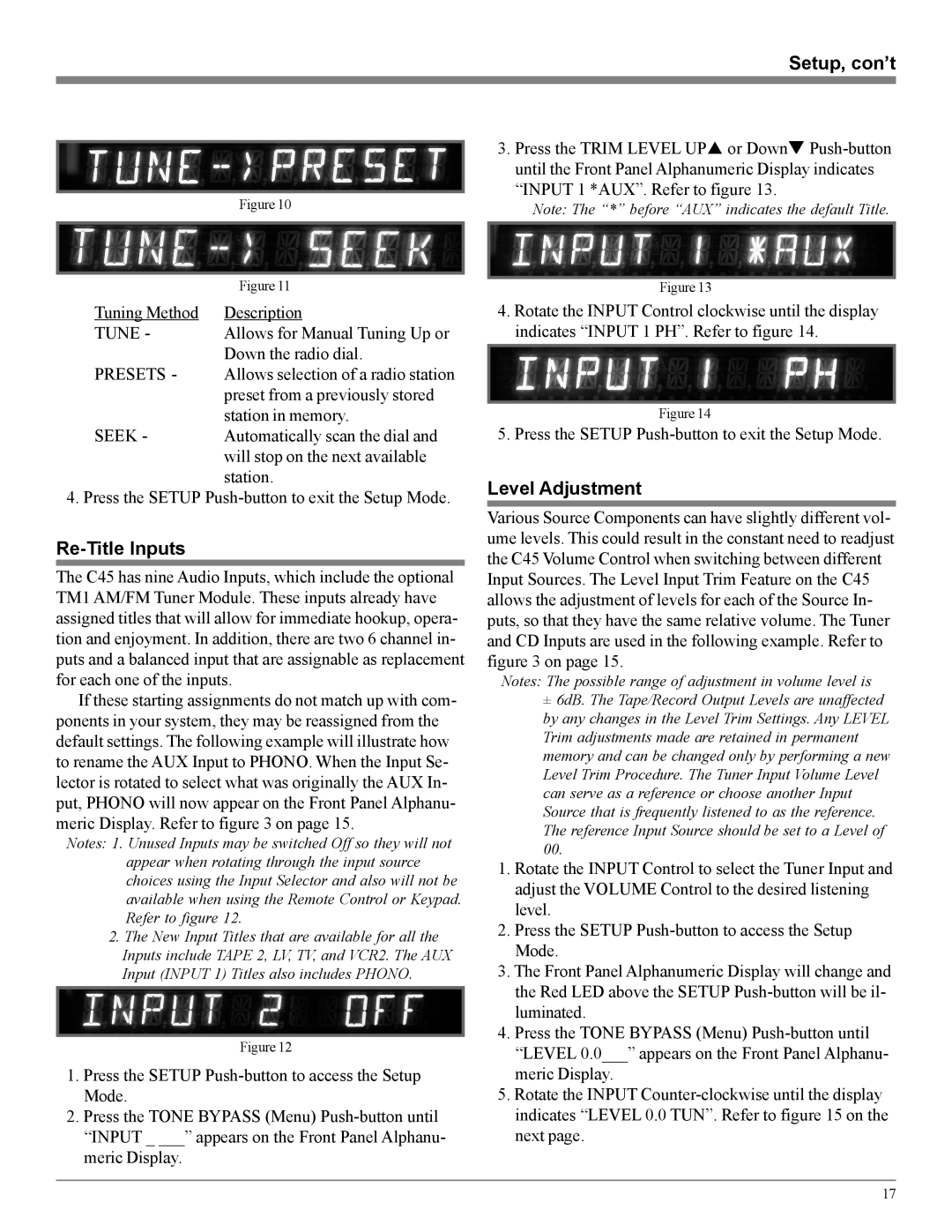 McIntosh C45 owner manual Setup, con’t, Re-Title Inputs, Level Adjustment 