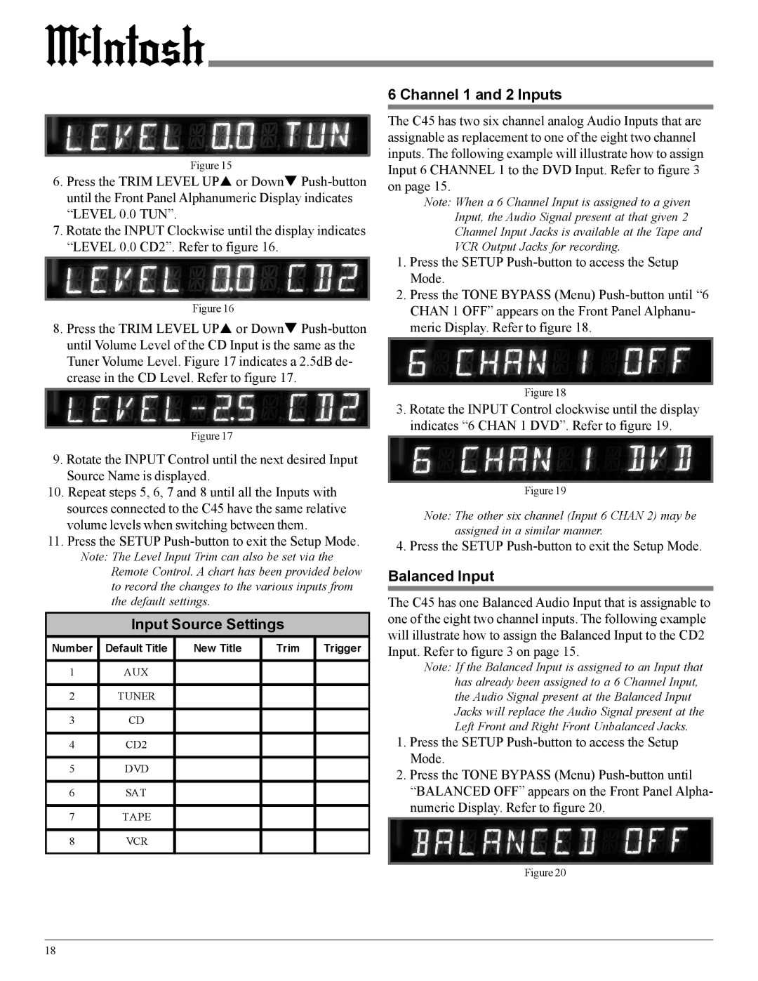 McIntosh C45 owner manual Input Source Settings, Channel 1 and 2 Inputs, Balanced Input 