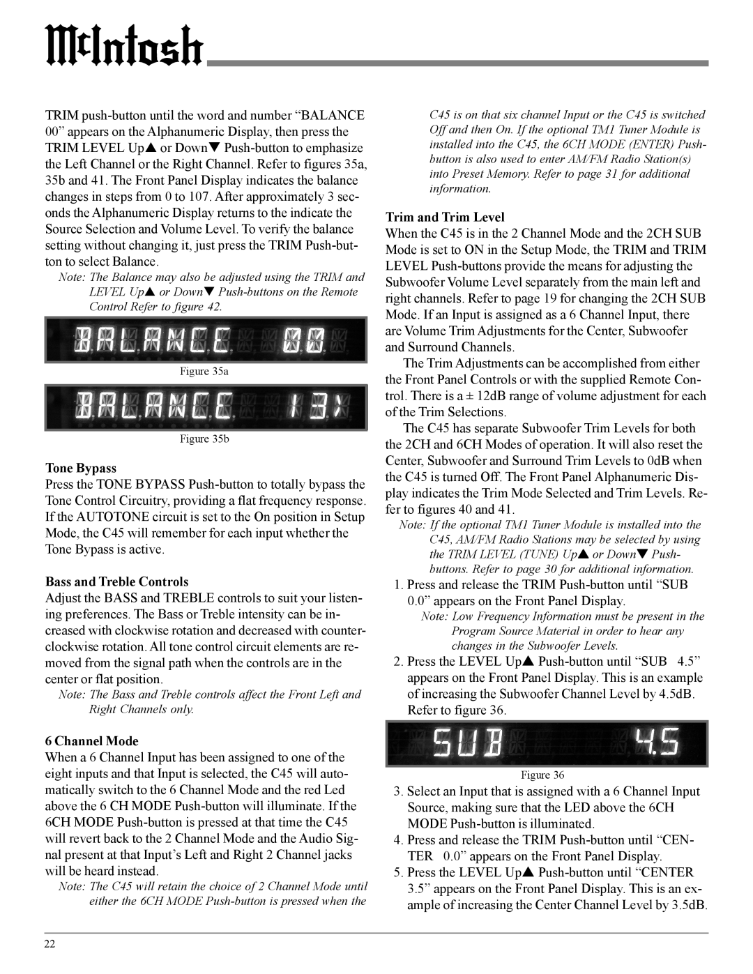 McIntosh C45 owner manual Tone Bypass, Bass and Treble Controls, Channel Mode, Trim and Trim Level 