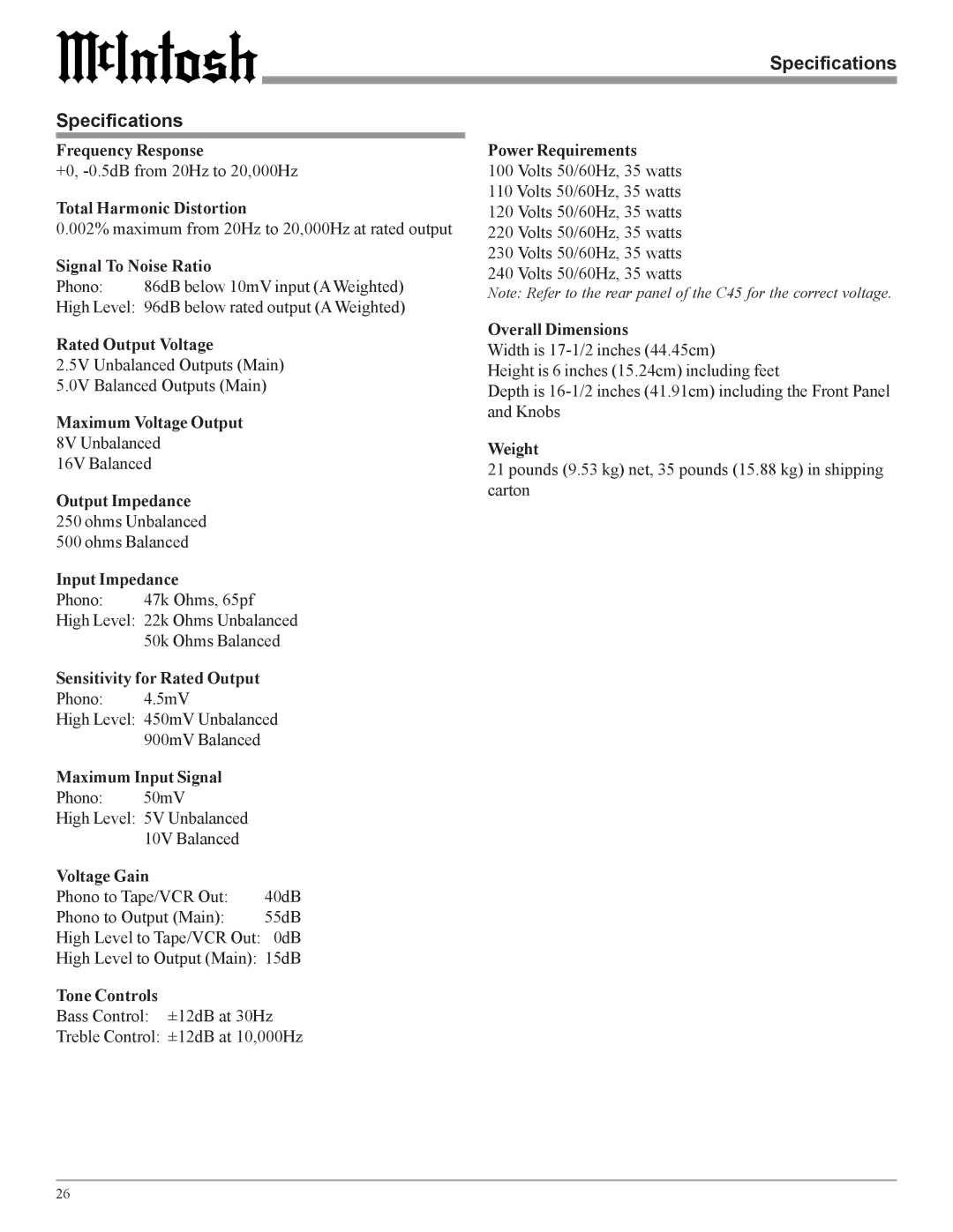 McIntosh C45 owner manual Specifications 