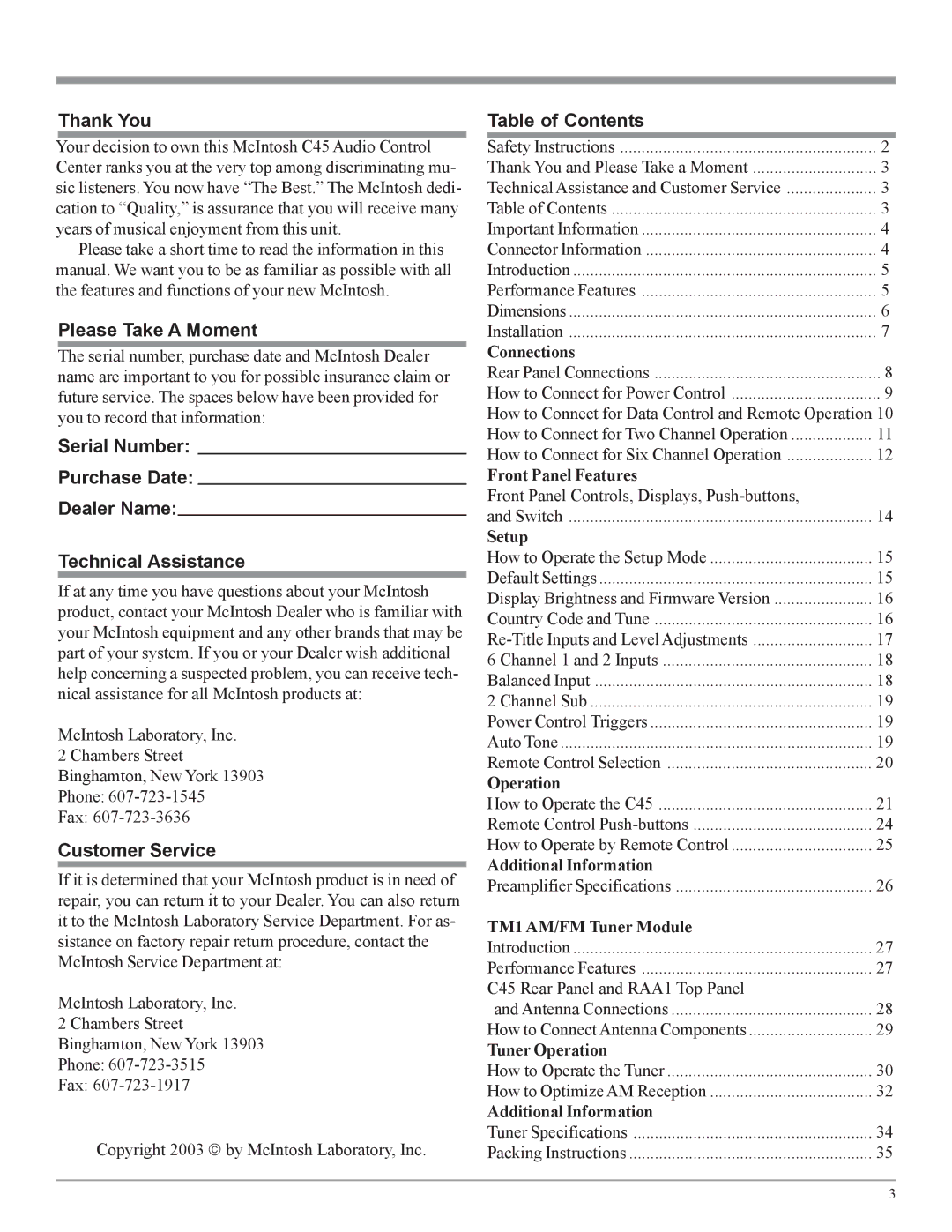 McIntosh C45 owner manual Thank You, Please Take a Moment, Customer Service, Table of Contents 