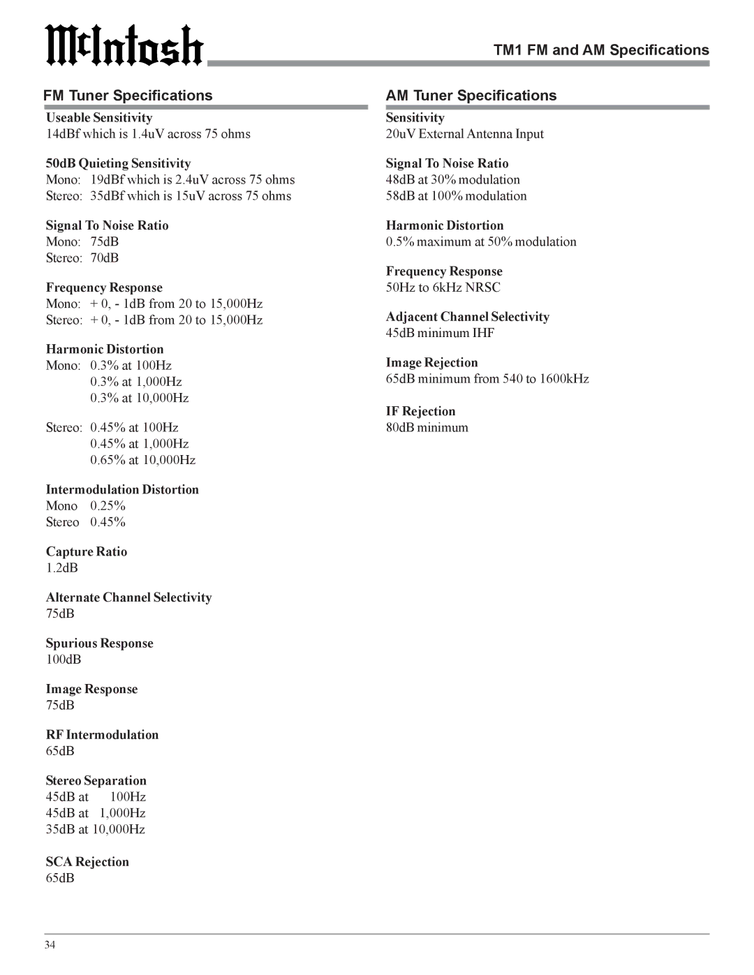 McIntosh C45 owner manual TM1 FM and AM Specifications, FM Tuner Specifications AM Tuner Specifications 