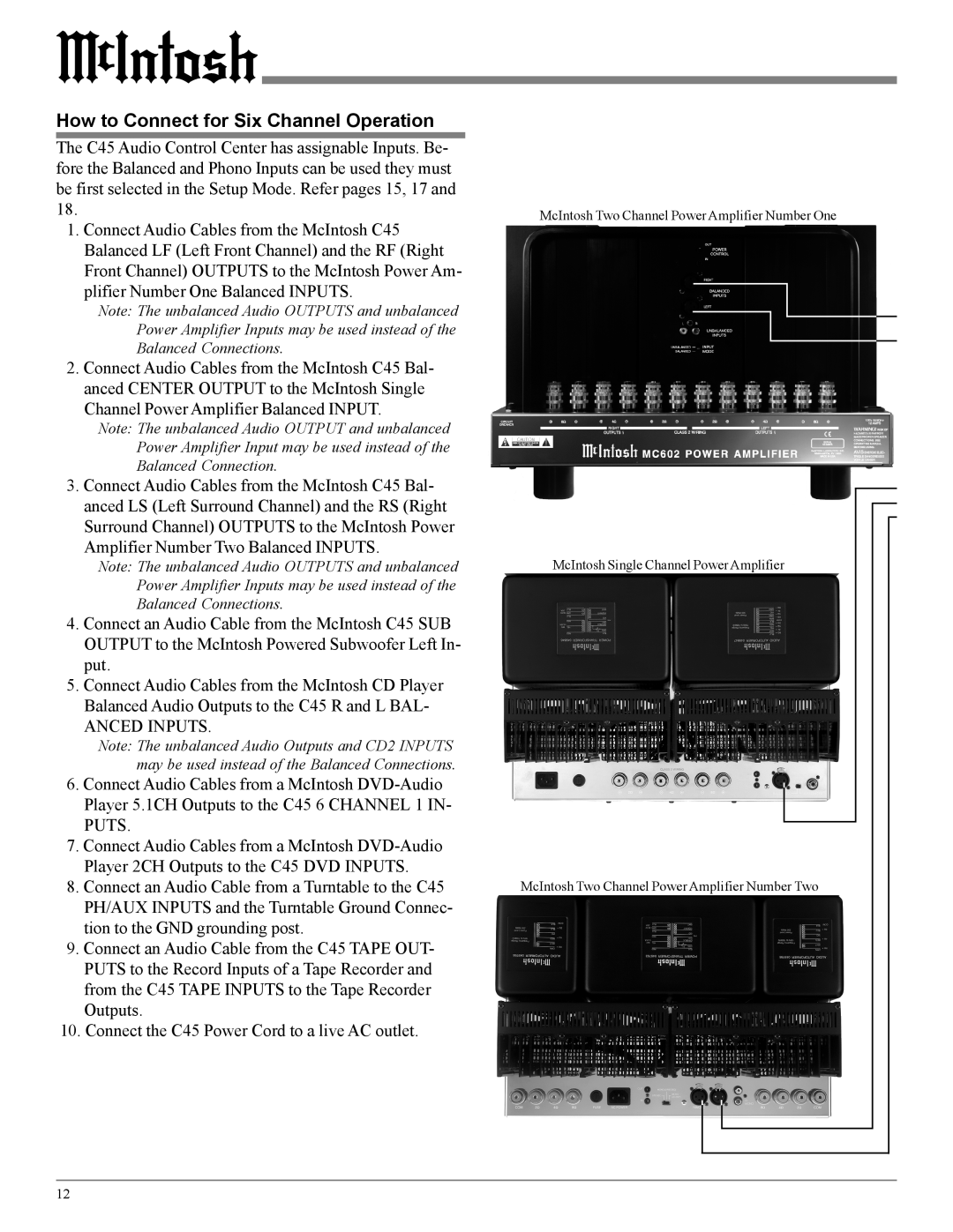 McIntosh C45 owner manual How to Connect for Six Channel Operation 