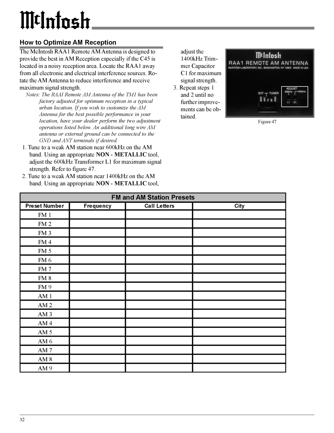 McIntosh C45 owner manual How to Optimize AM Reception, FM and AM Station Presets 