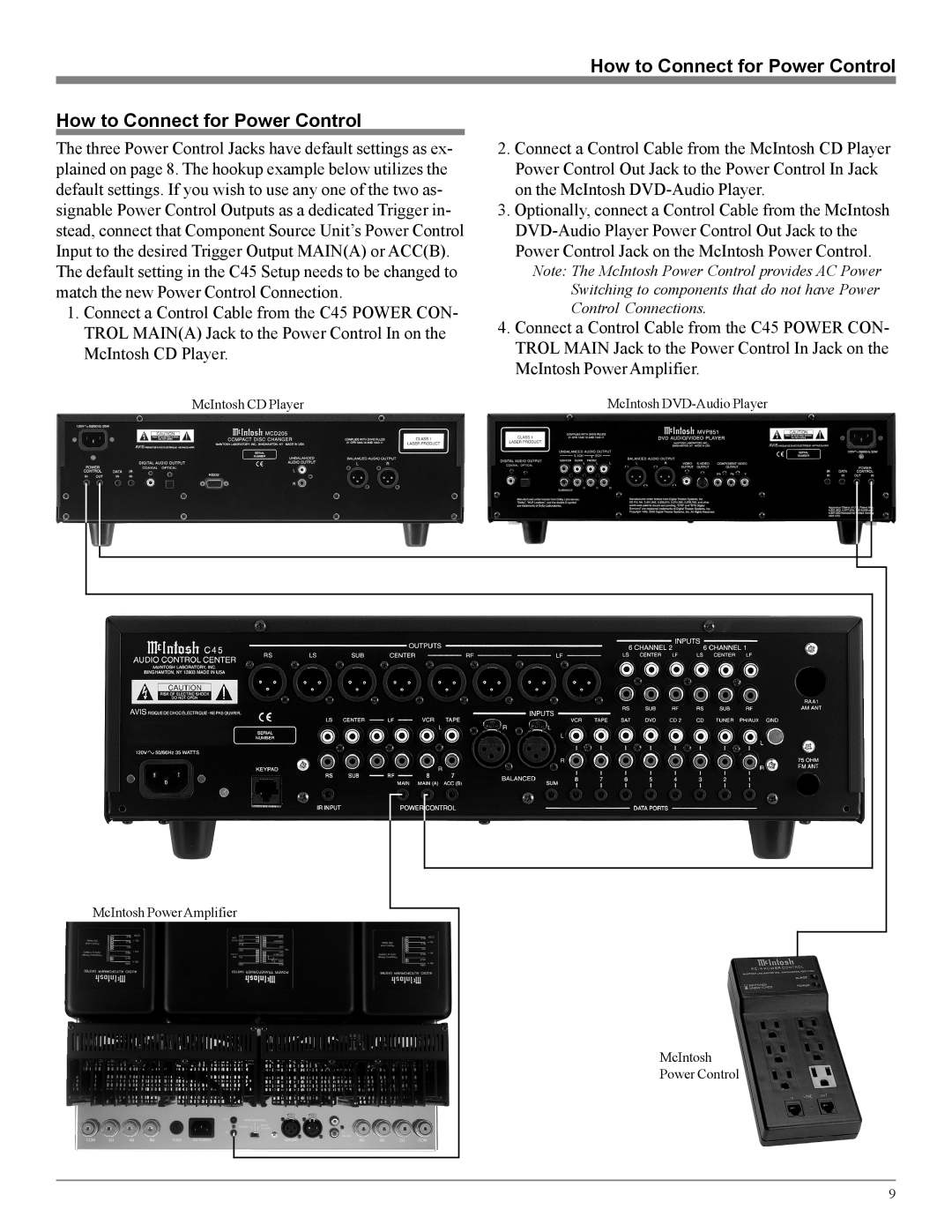 McIntosh C45 owner manual How to Connect for Power Control, McIntosh CD Player, McIntosh DVD-AudioPlayer 
