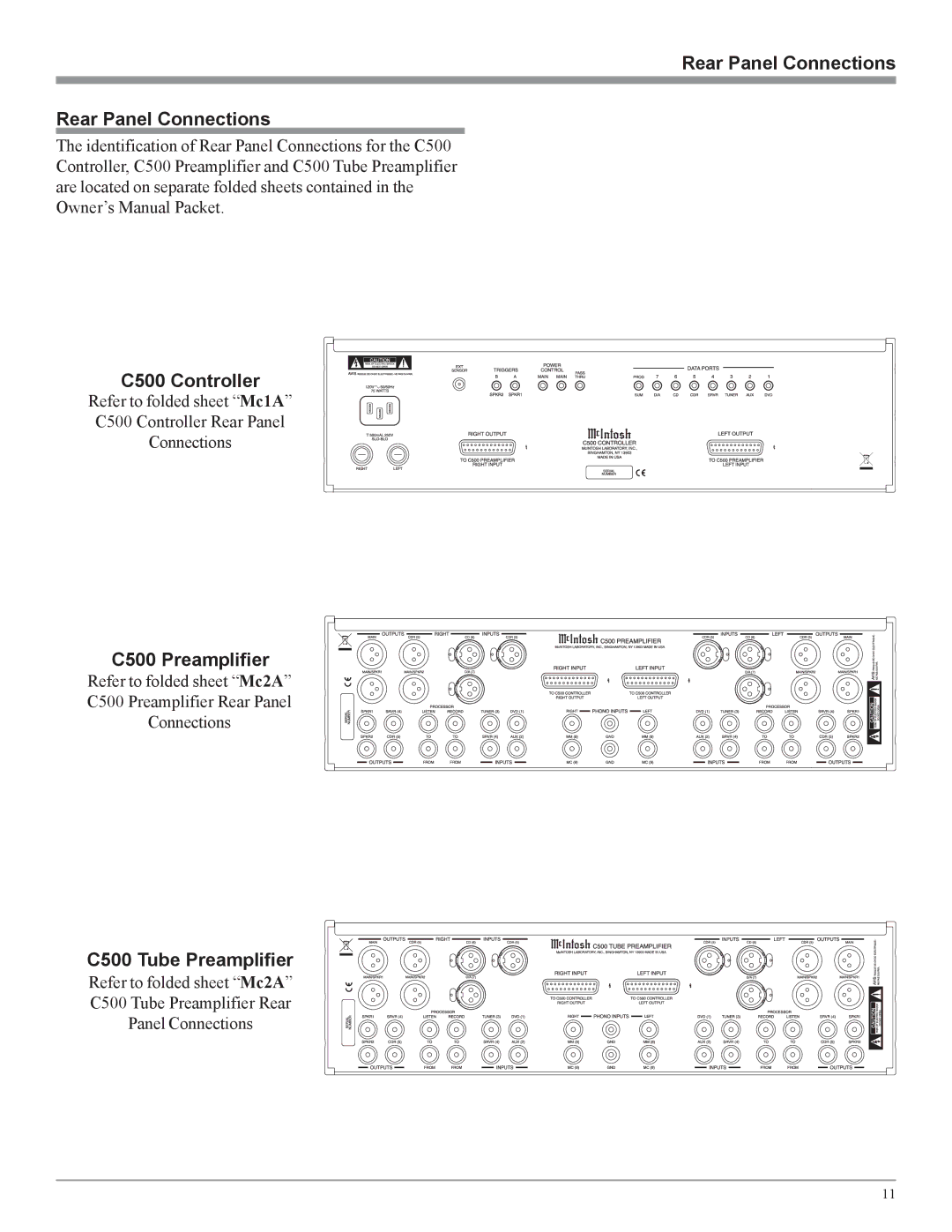 McIntosh owner manual Rear Panel Connections C500 Controller, C500 Preamplifier, C500 Tube Preamplifier 