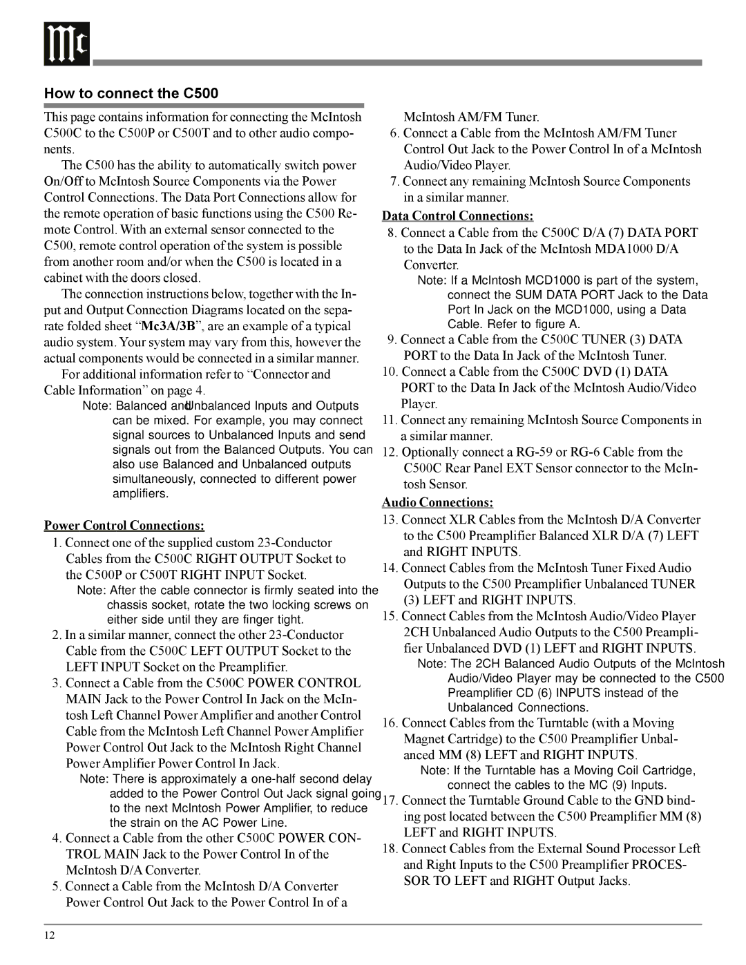 McIntosh owner manual How to connect the C500, Power Control Connections, Data Control Connections, Audio Connections 