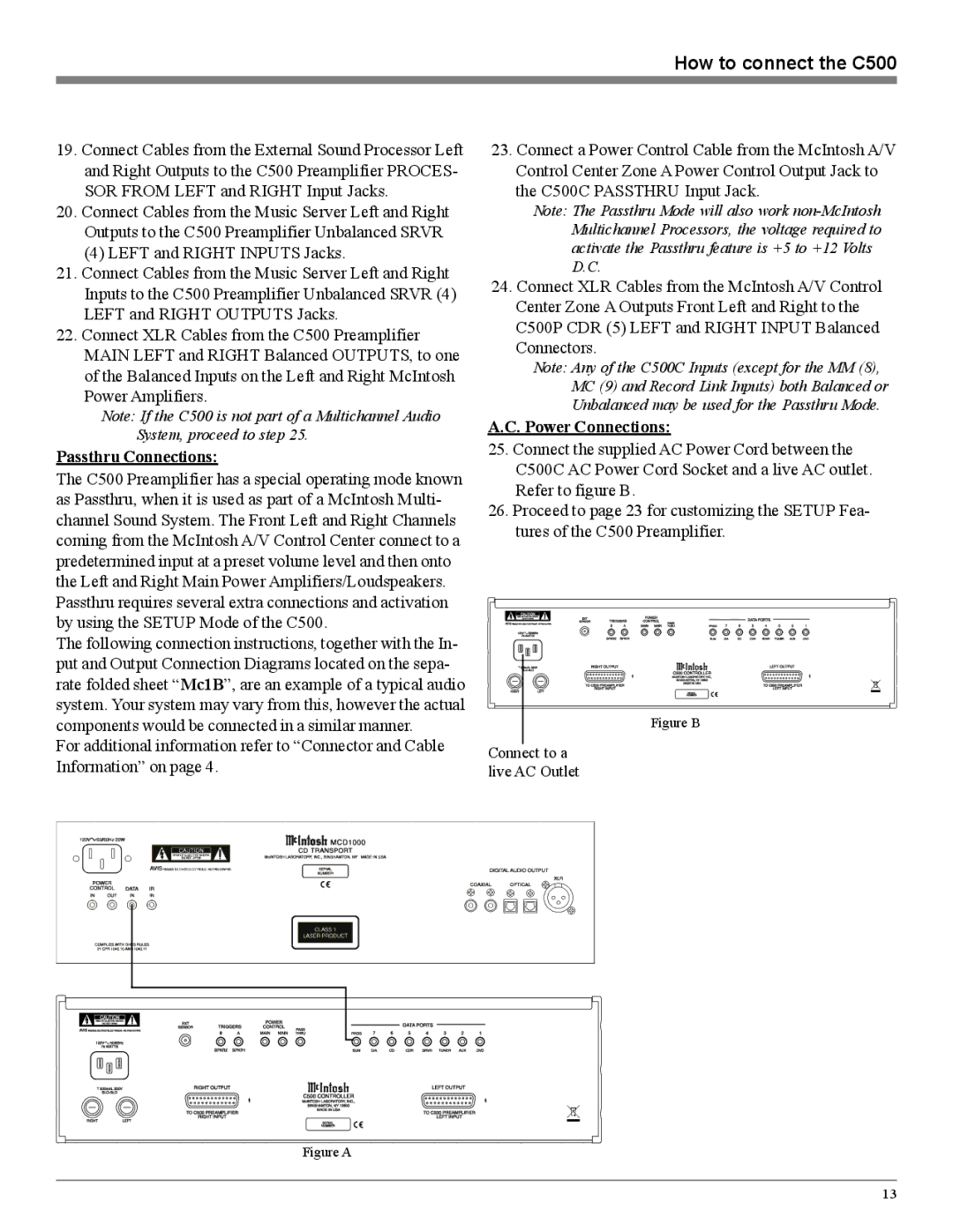 McIntosh C500 owner manual Passthru Connections, Power Connections 