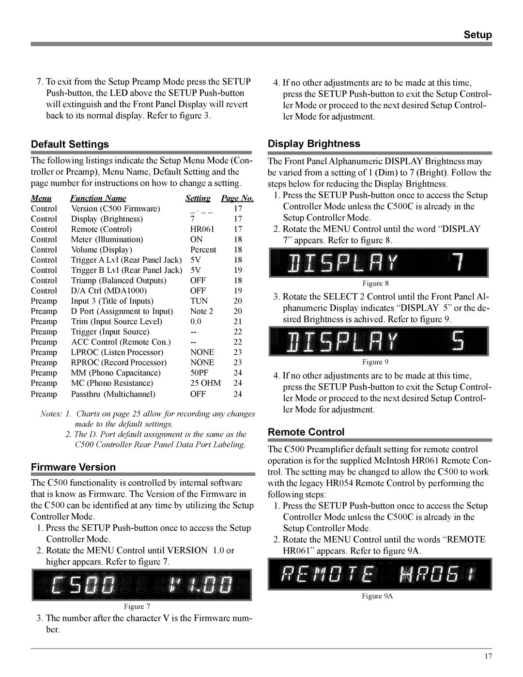 McIntosh C500 owner manual Setup, Default Settings, Firmware Version, Display Brightness, Remote Control 