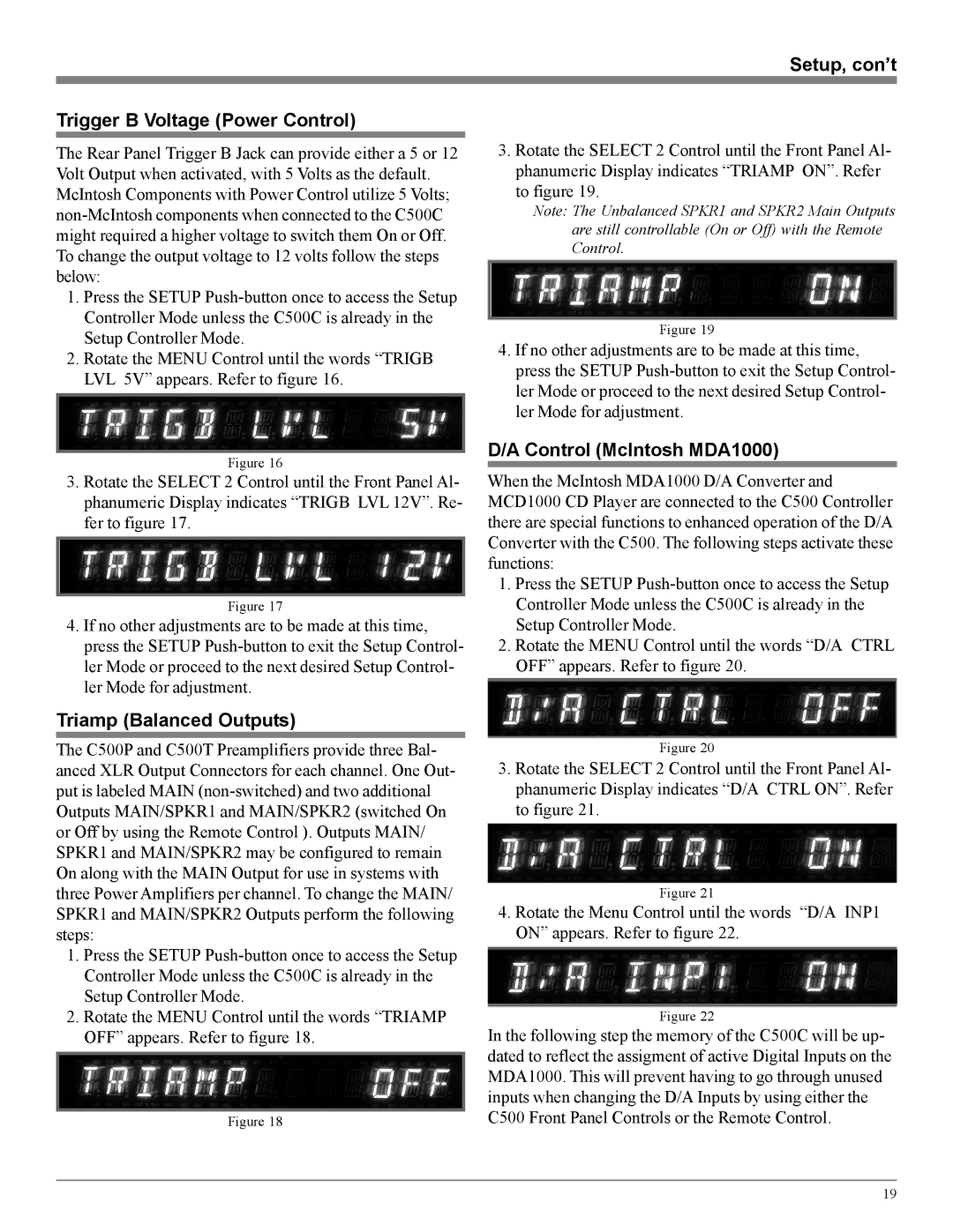 McIntosh C500 owner manual Setup, con’t Trigger B Voltage Power Control, Triamp Balanced Outputs, Control McIntosh MDA1000 