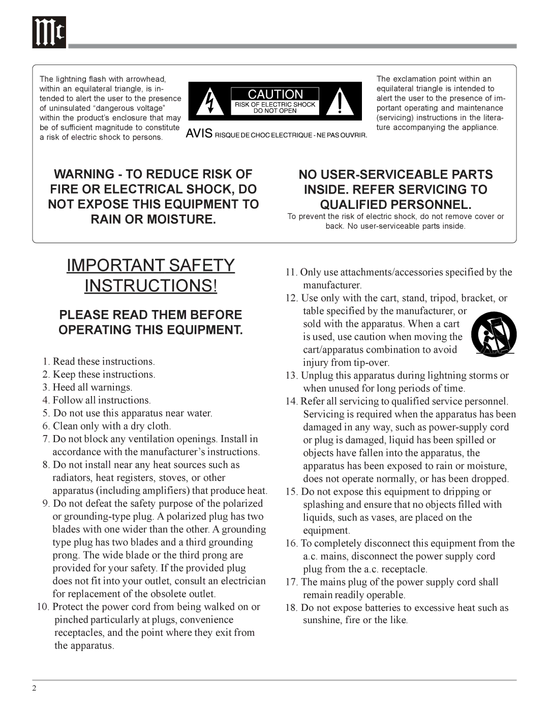 McIntosh C500 owner manual Important Safety Instructions 