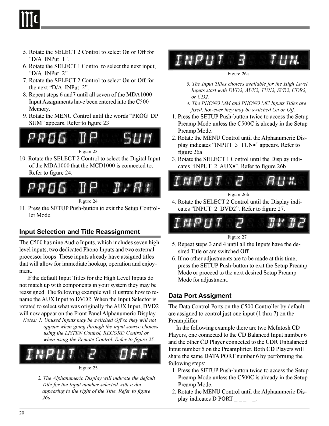 McIntosh C500 owner manual Input Selection and Title Reassignment, Data Port Assigment 