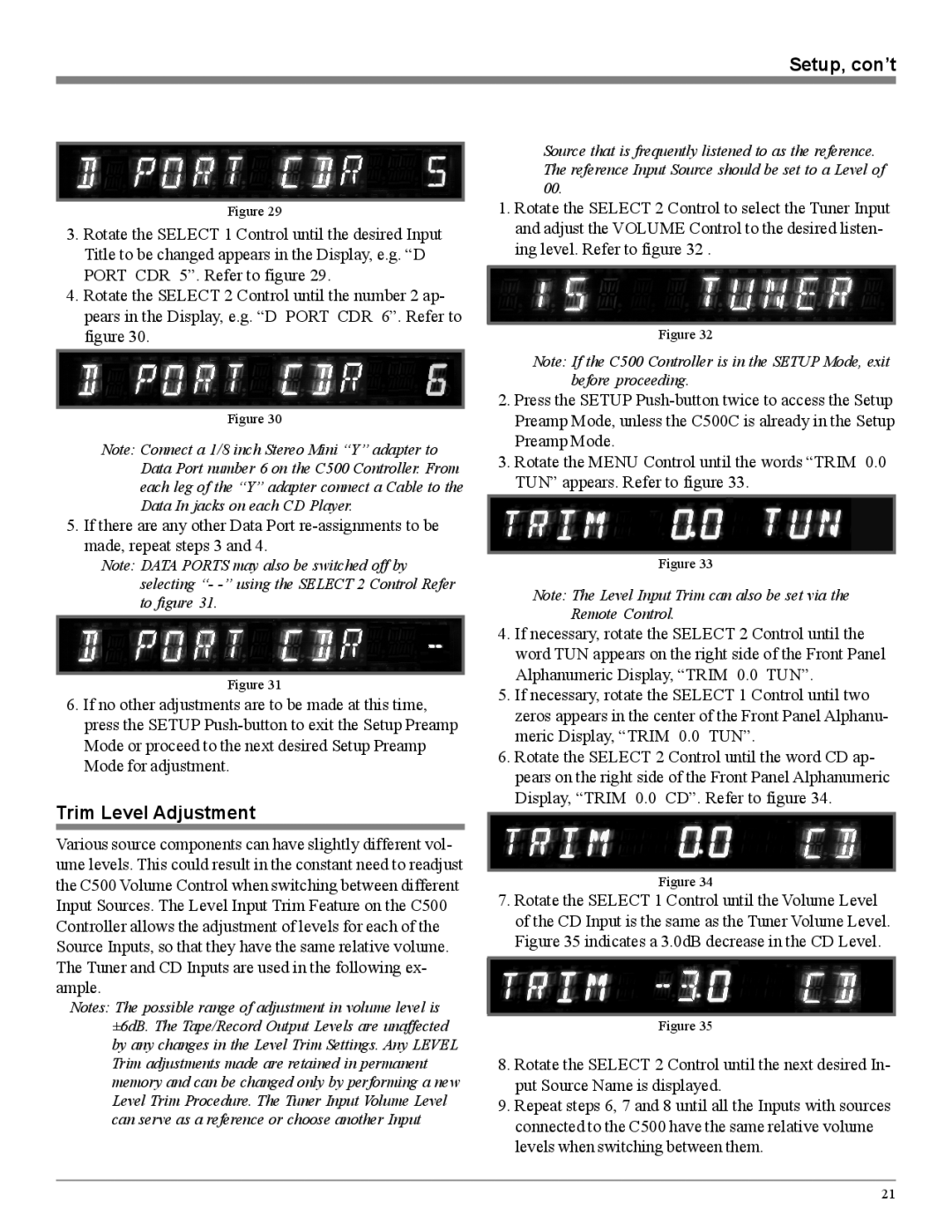 McIntosh C500 owner manual Setup, con’t, Trim Level Adjustment 