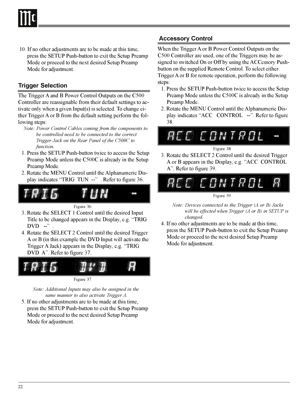 McIntosh C500 owner manual Trigger Selection, Accessory Control 