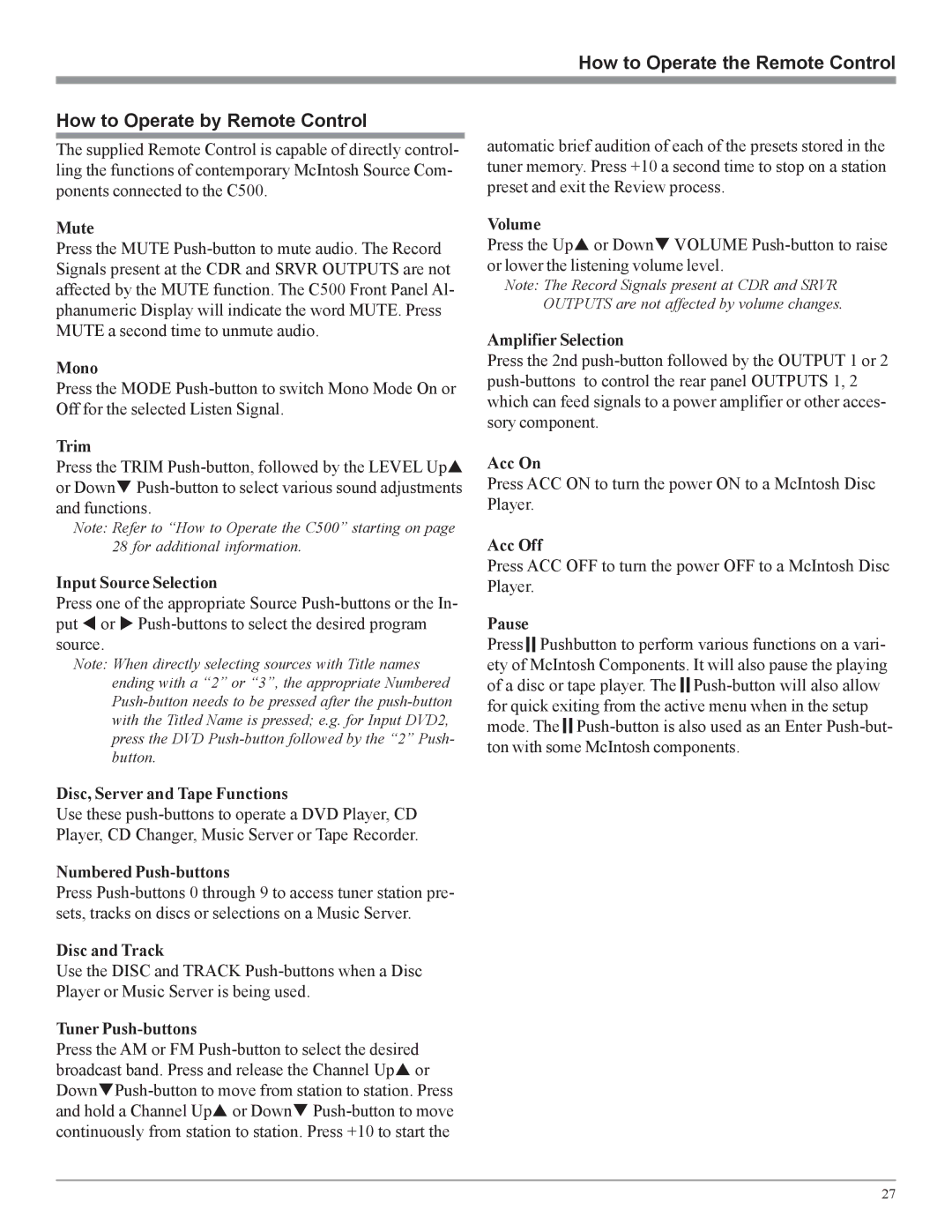 McIntosh C500 Mute, Mono, Trim, Input Source Selection, Disc, Server and Tape Functions, Numbered Push-buttons, Volume 