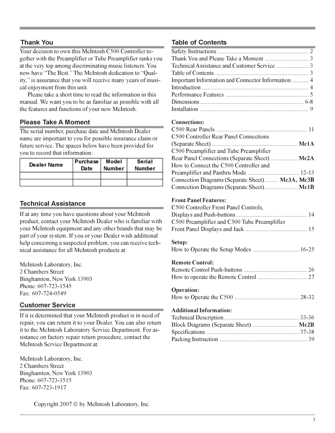 McIntosh C500 owner manual Thank You, Please Take a Moment, Technical Assistance, Customer Service, Table of Contents 