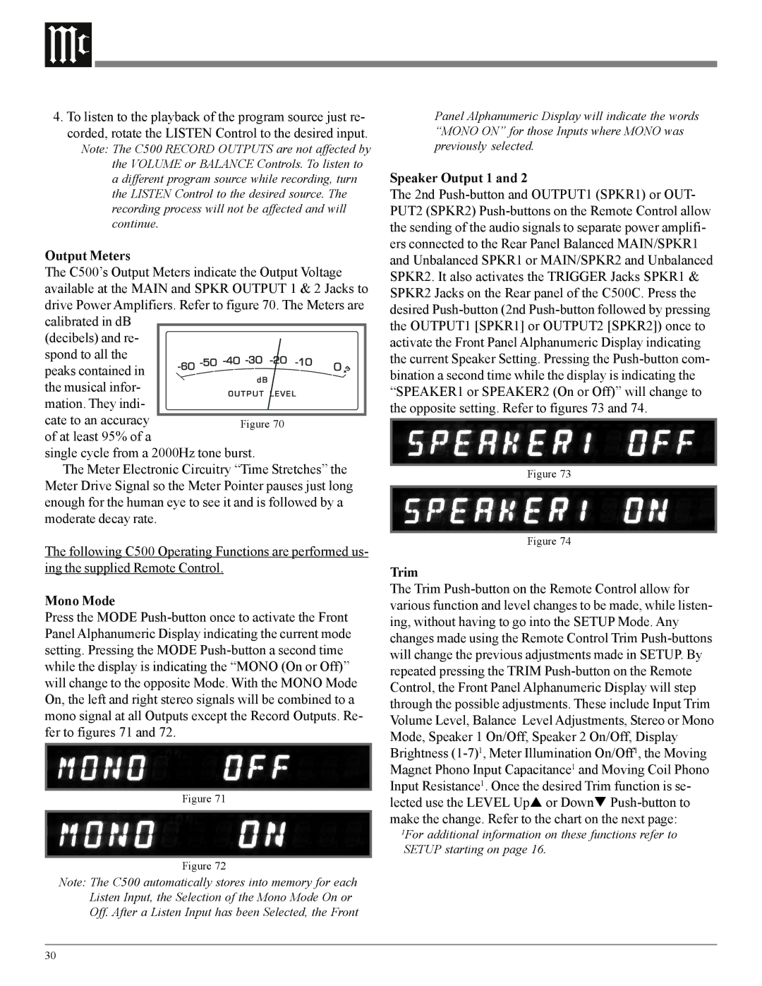 McIntosh C500 owner manual Output Meters, Mono Mode, Speaker Output 1 