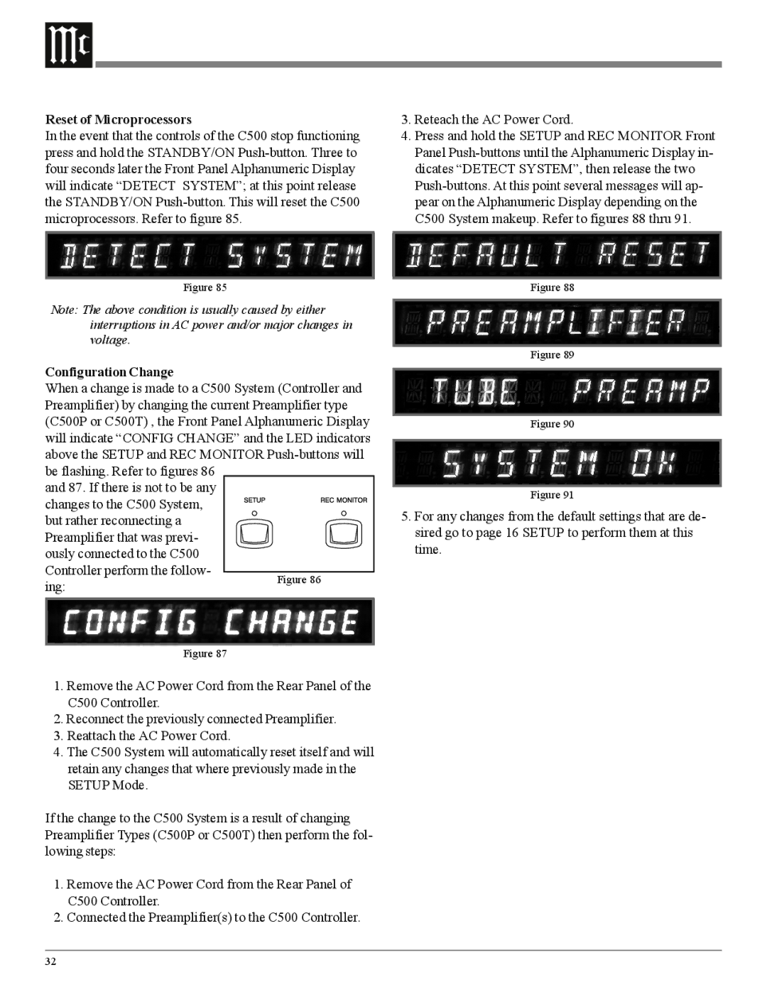 McIntosh C500 owner manual Reset of Microprocessors, Configuration Change 