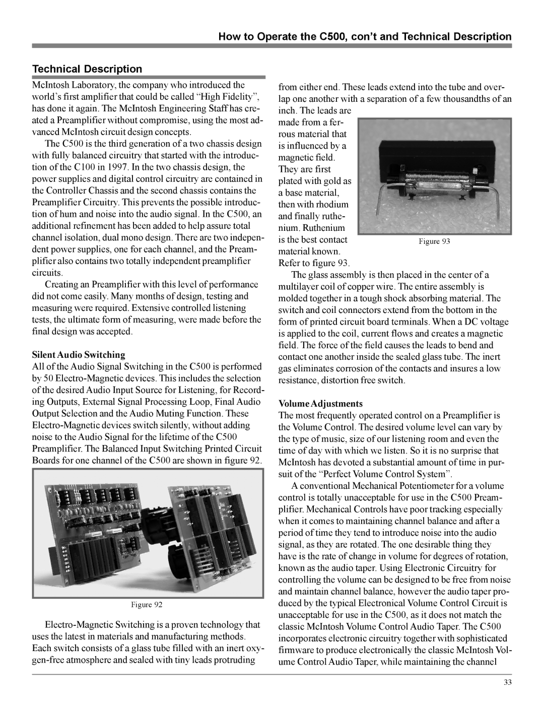 McIntosh How to Operate the C500, con’t and Technical Description, Silent Audio Switching, Volume Adjustments 