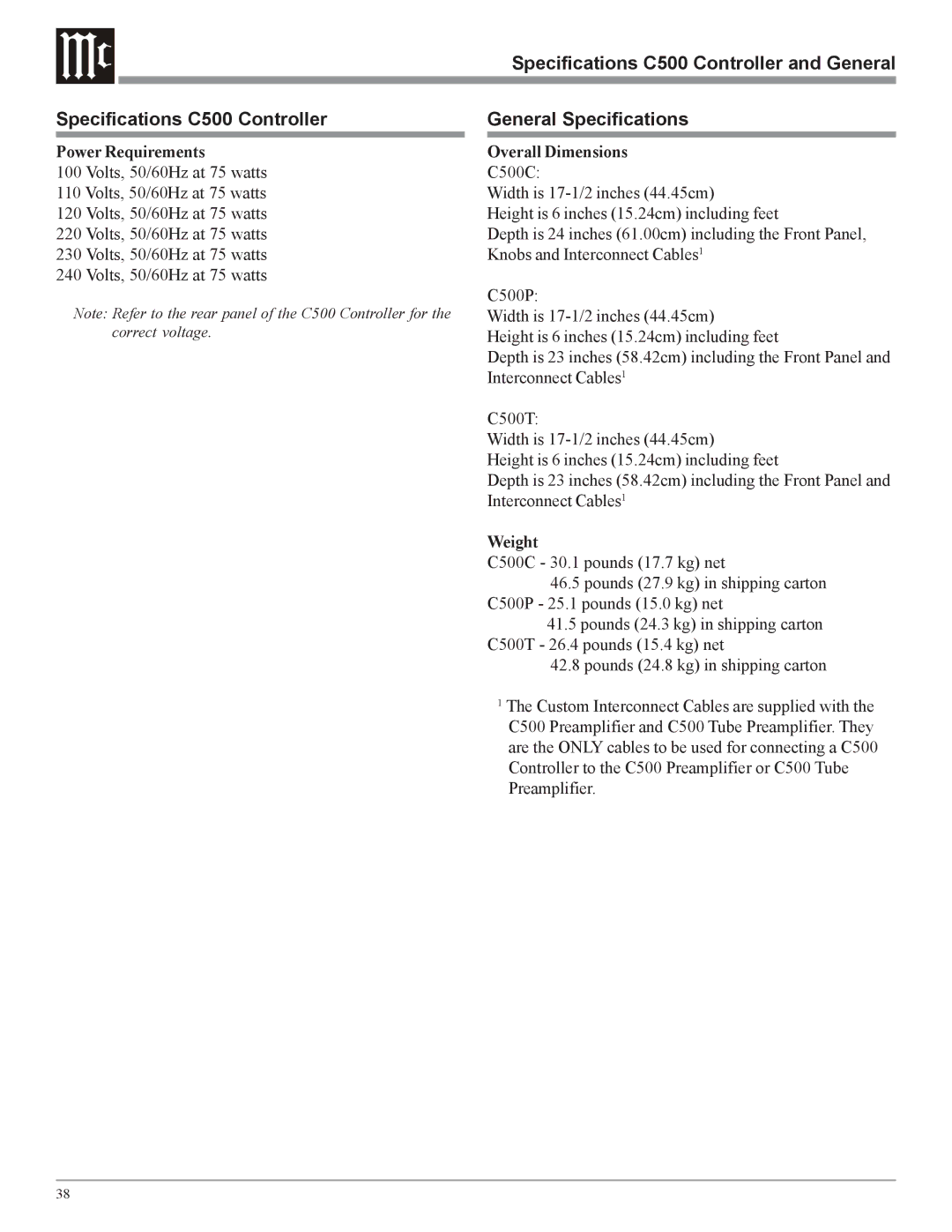 McIntosh Specifications C500 Controller and General, General Specifications, Power Requirements, Overall Dimensions 