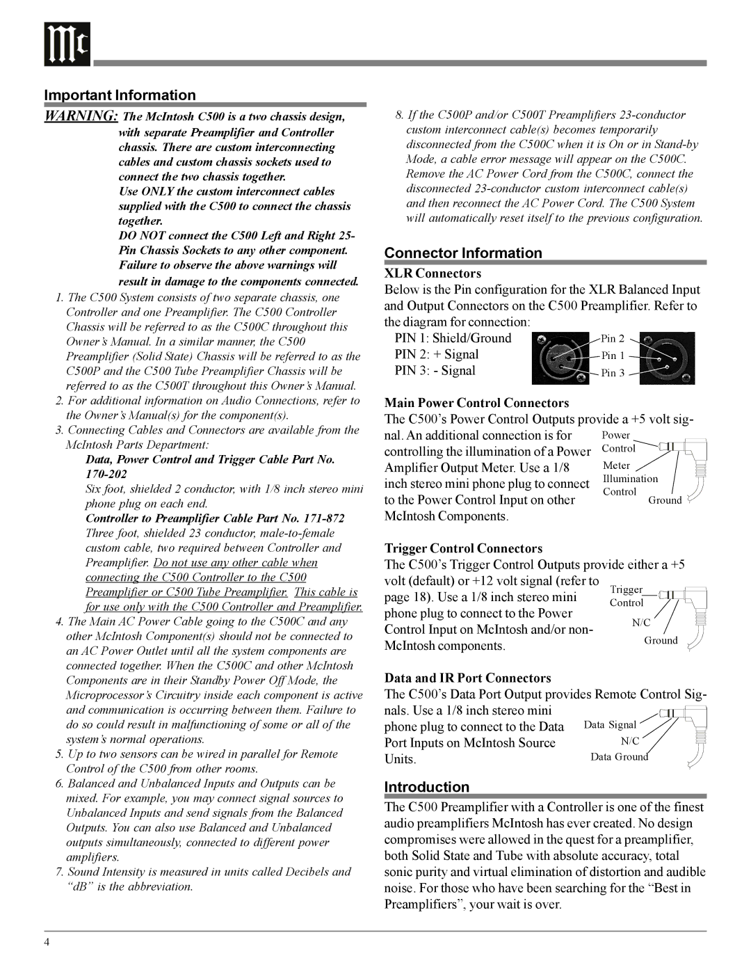 McIntosh C500 owner manual Important Information, Connector Information, Introduction 