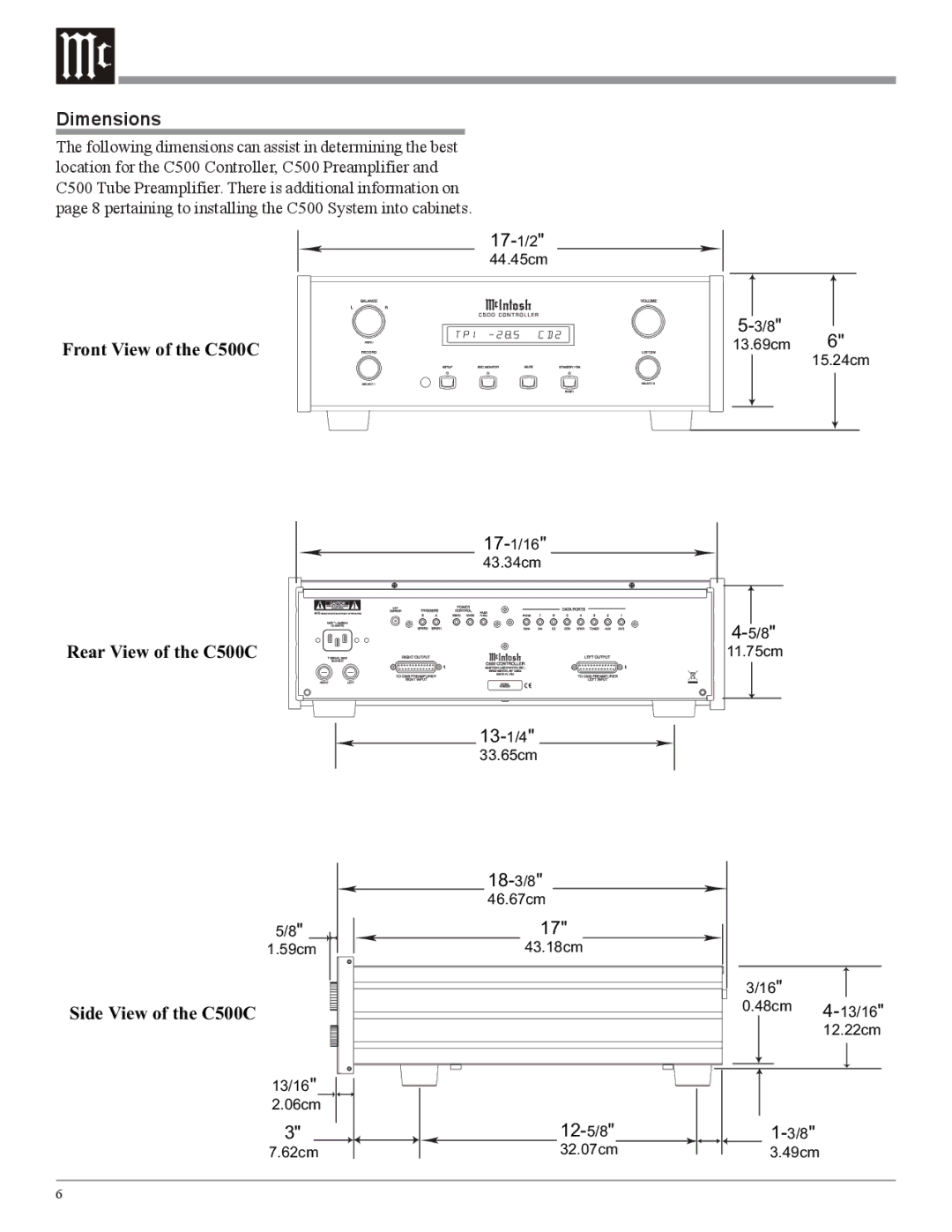 McIntosh owner manual Dimensions, Side View of the C500C 