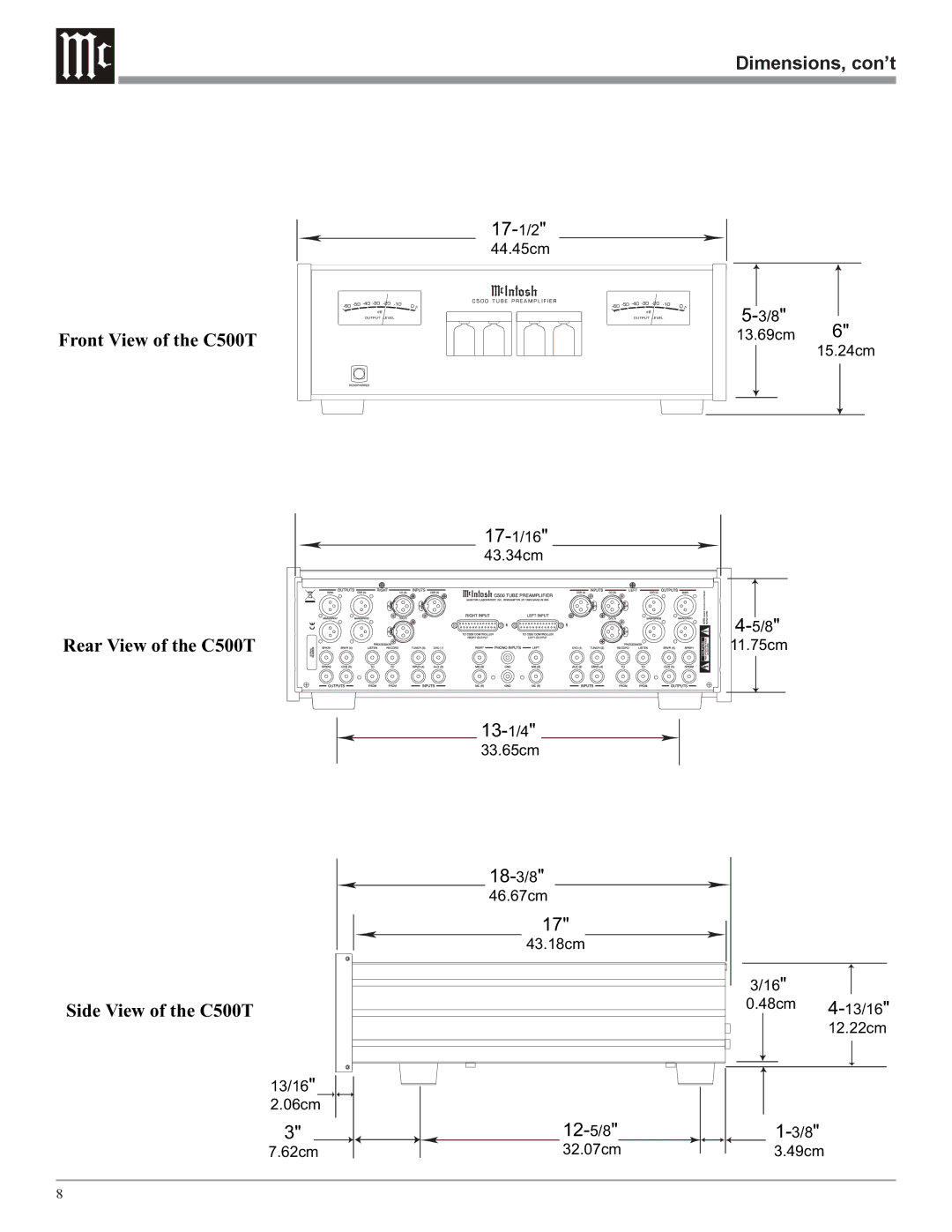 McIntosh C500 owner manual Dimensions, con’t 