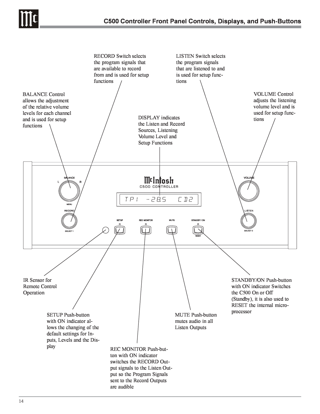 McIntosh C500 owner manual RECORD Switch selects 