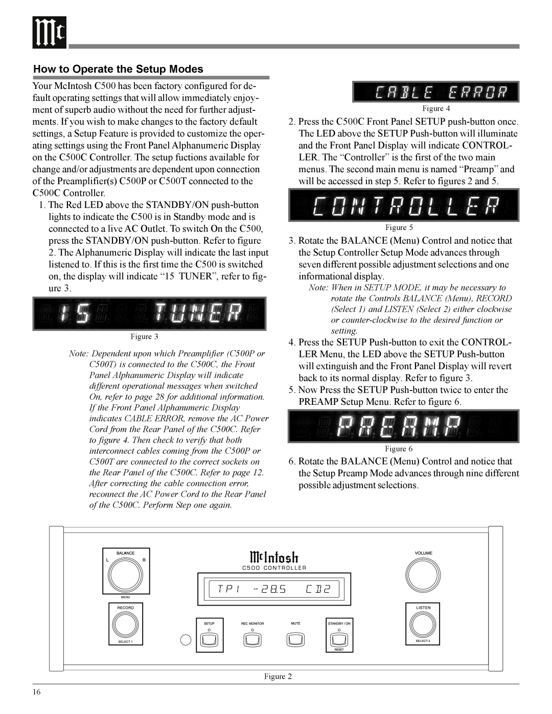 McIntosh C500 owner manual How to Operate the Setup Modes 