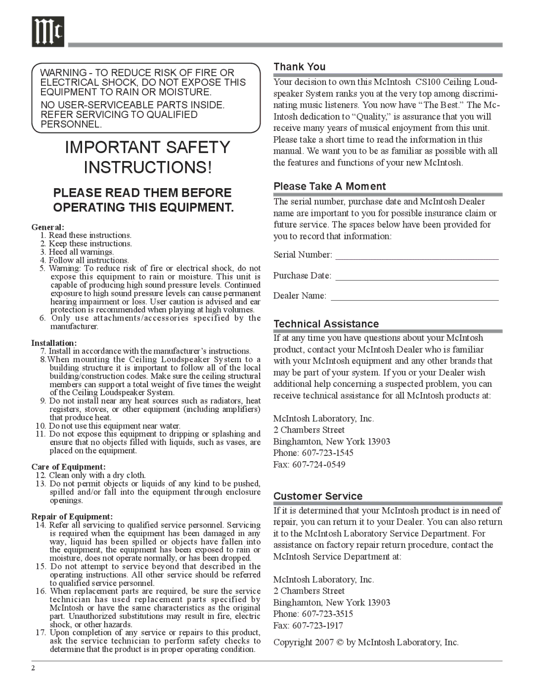 McIntosh CS100 manual Thank You, Please Take a Moment, Technical Assistance, Customer Service 