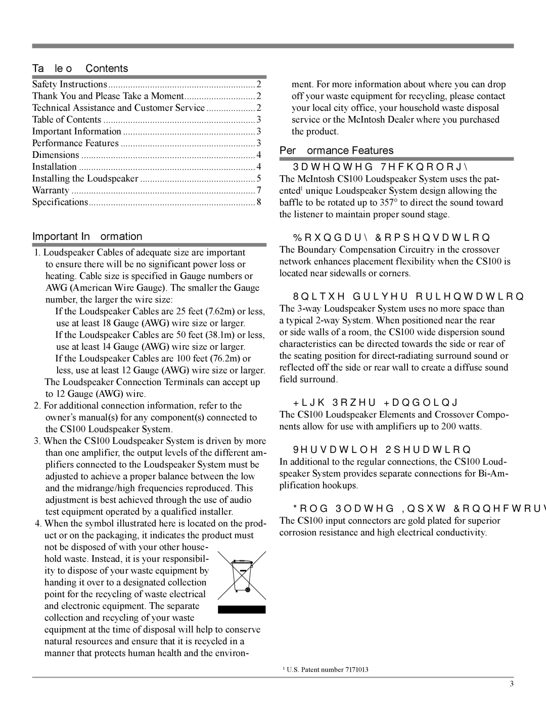 McIntosh CS100 manual Table of Contents, Important Information, Performance Features 