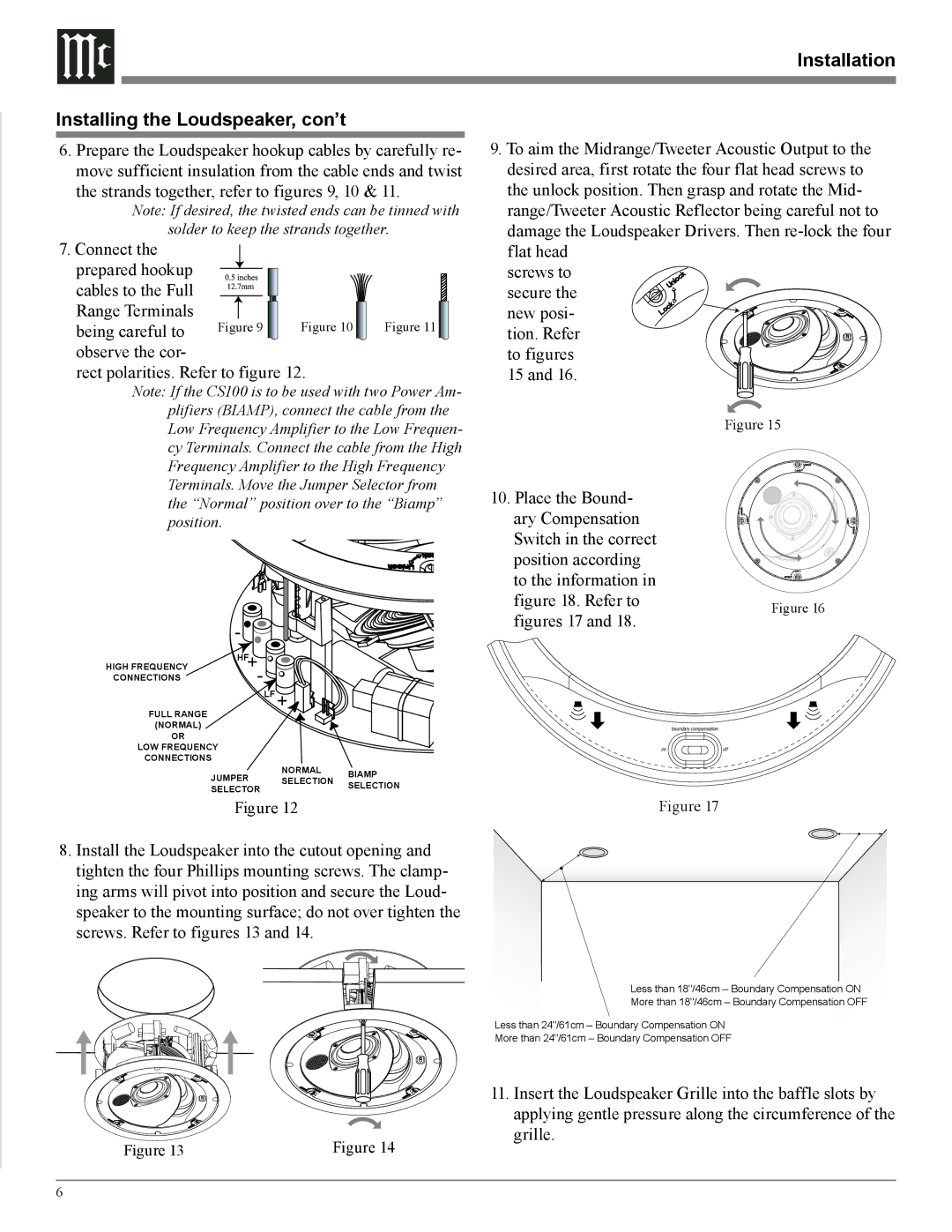 McIntosh CS100 manual Installation Installing the Loudspeaker, con’t, Refer to 