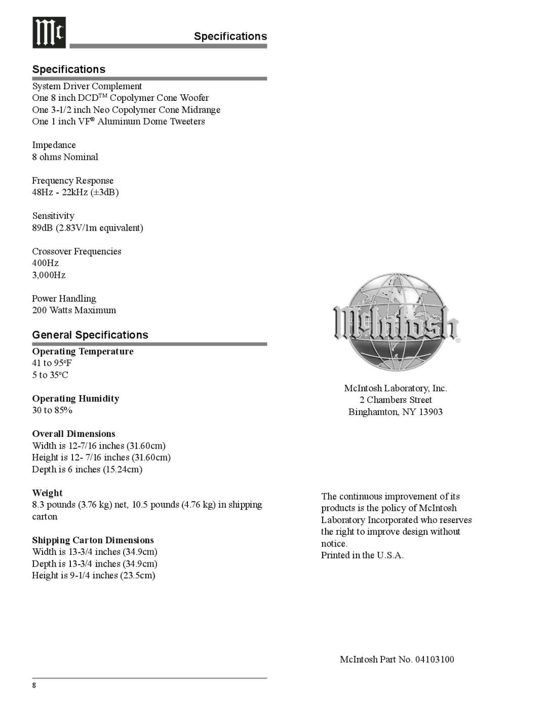 McIntosh CS100 manual General Specifications 