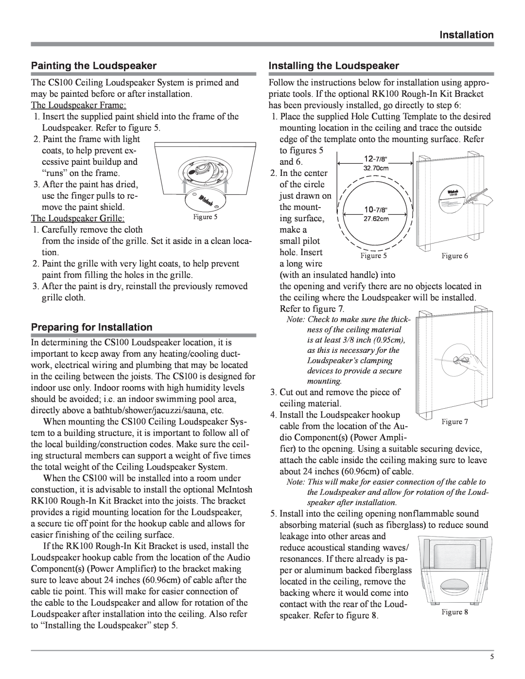 McIntosh CS100 manual Painting the Loudspeaker, Preparing for Installation, Installing the Loudspeaker 