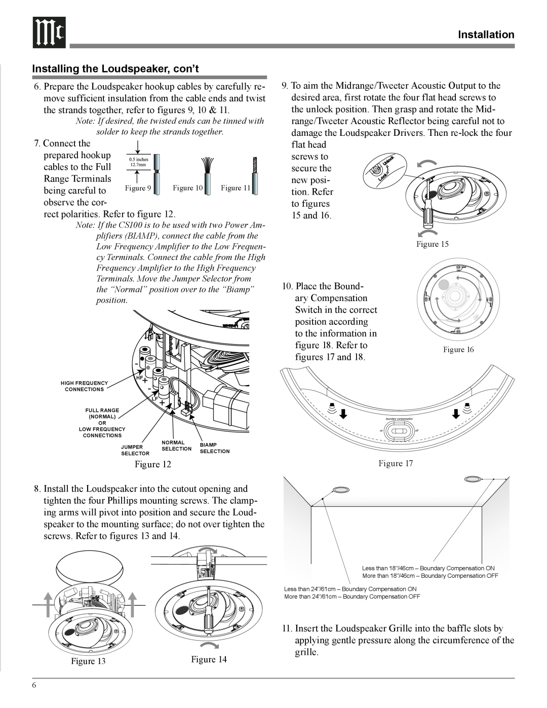 McIntosh CS100 manual Installation Installing the Loudspeaker, con’t 