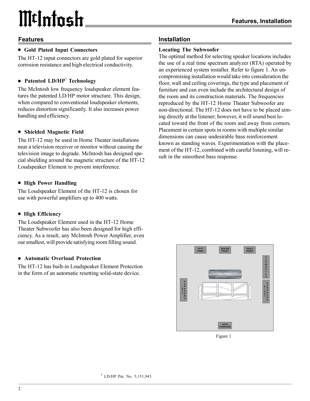 McIntosh HT-12 manual Features, Installation 