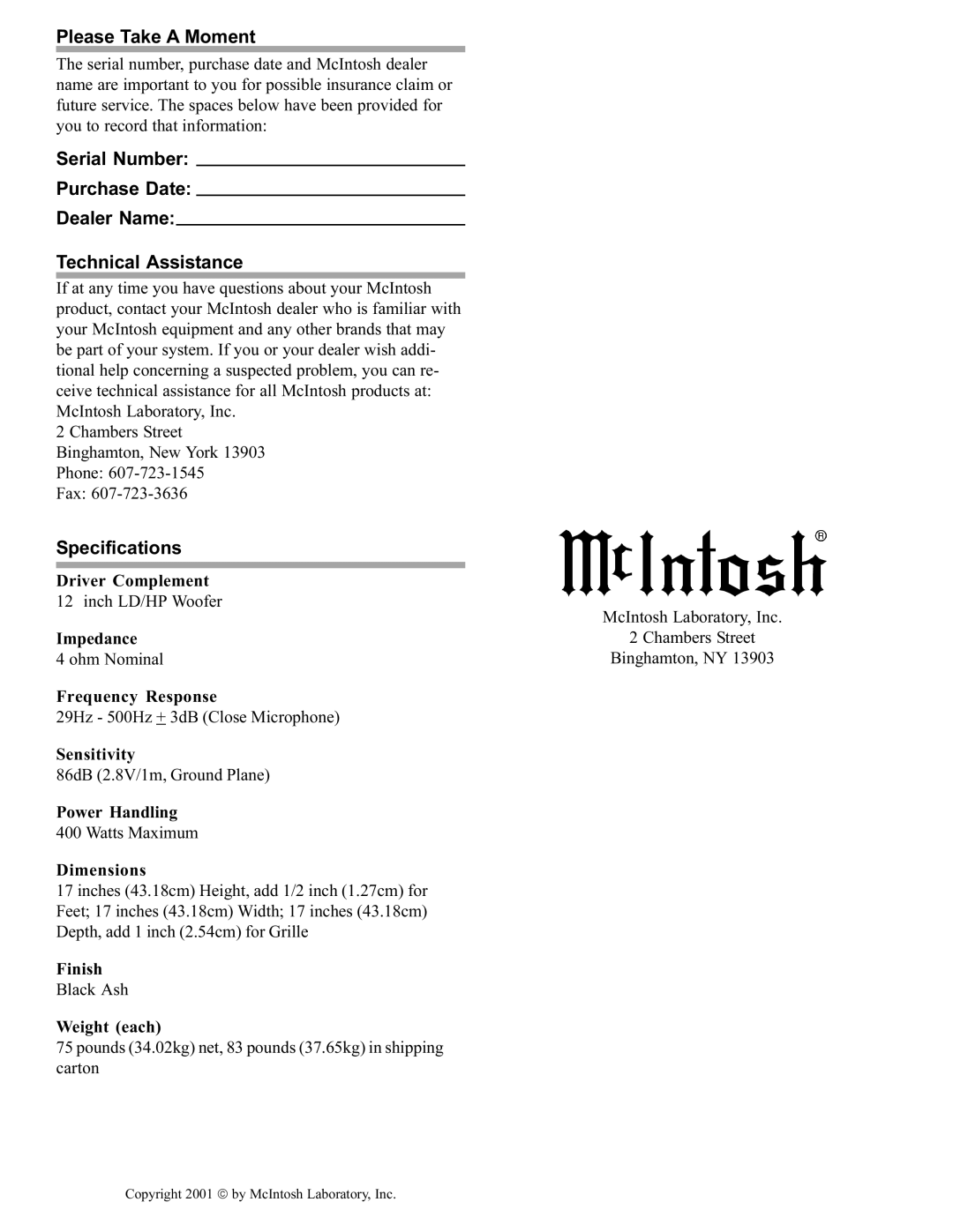 McIntosh HT-12 manual Please Take a Moment, Specifications 