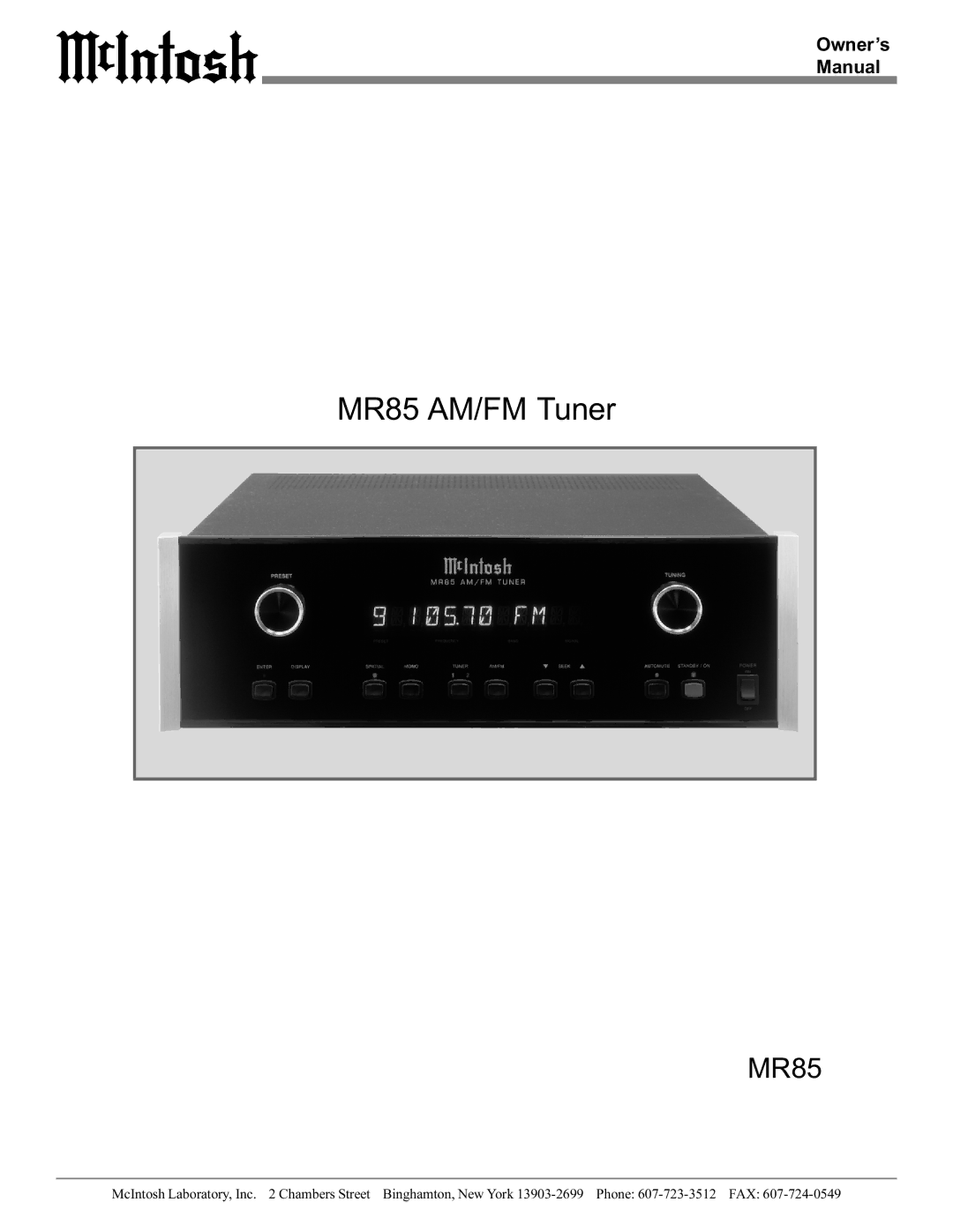 McIntosh M85 manual MR85 AM/FM Tuner, Owner’s Manual 