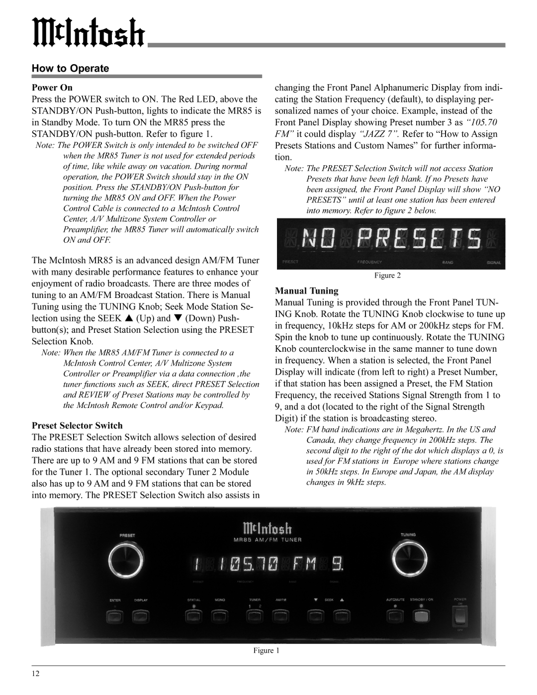 McIntosh M85 manual How to Operate, Power On, Preset Selector Switch, Manual Tuning 