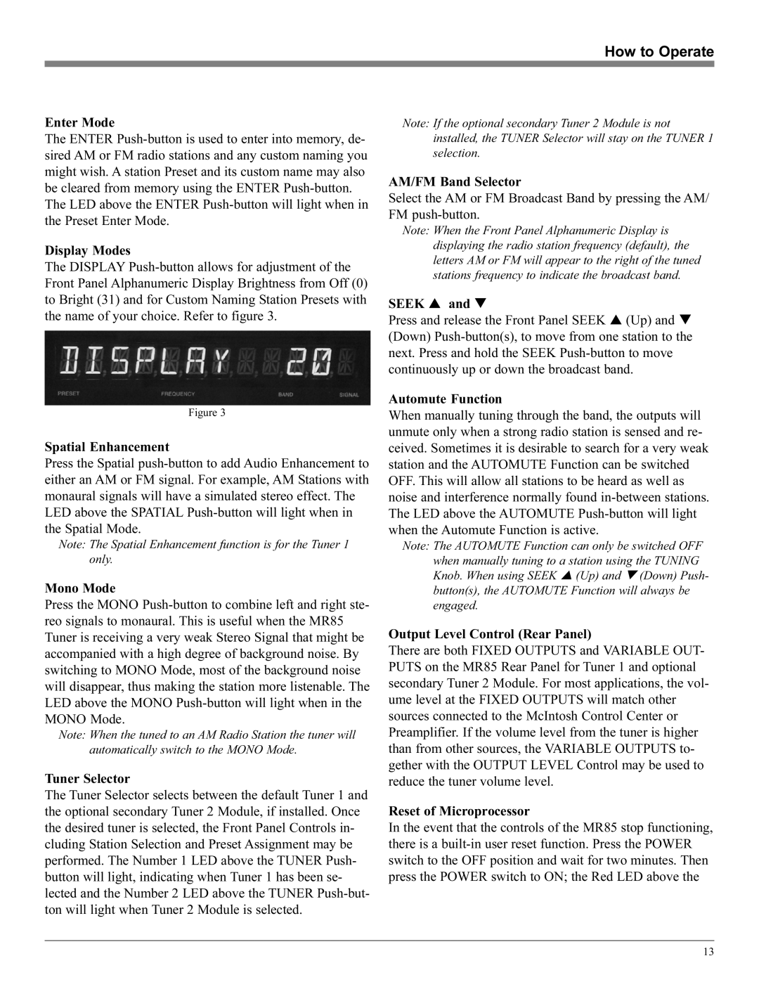 McIntosh M85 Enter Mode, Display Modes, Spatial Enhancement, Mono Mode, Tuner Selector, AM/FM Band Selector, Seek π and θ 