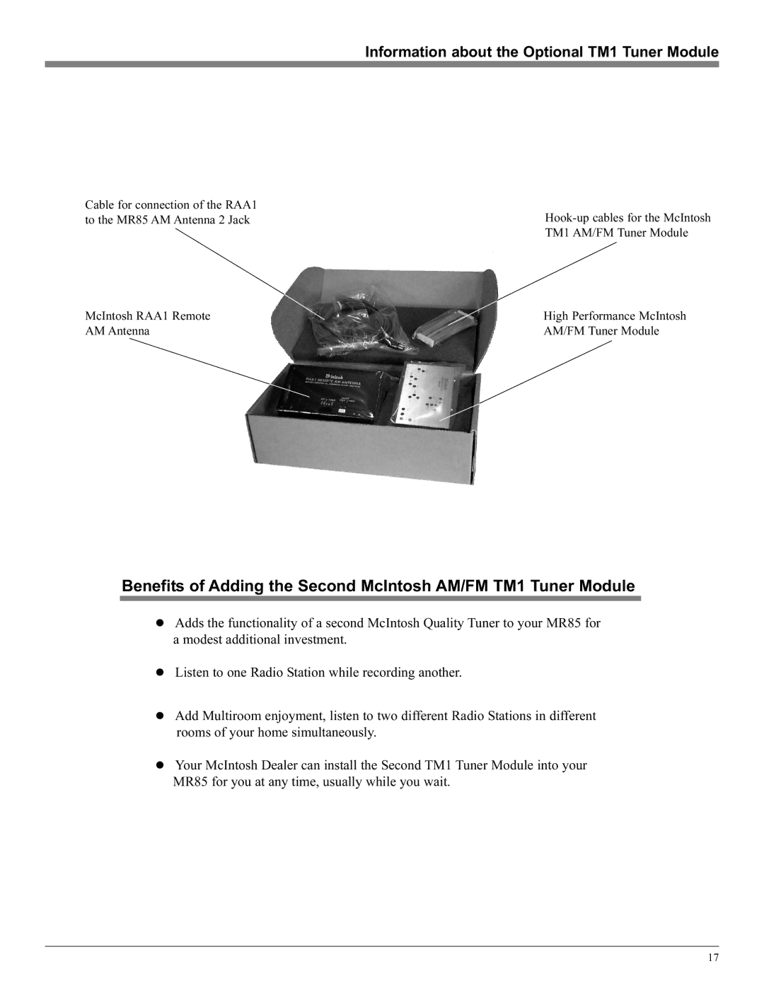 McIntosh M85 manual Information about the Optional TM1 Tuner Module, McIntosh RAA1 Remote AM Antenna 