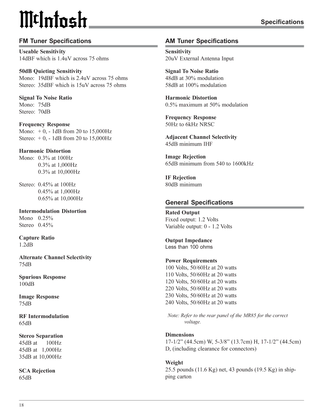 McIntosh M85 manual Specifications FM Tuner Specifications, AM Tuner Specifications, General Specifications 