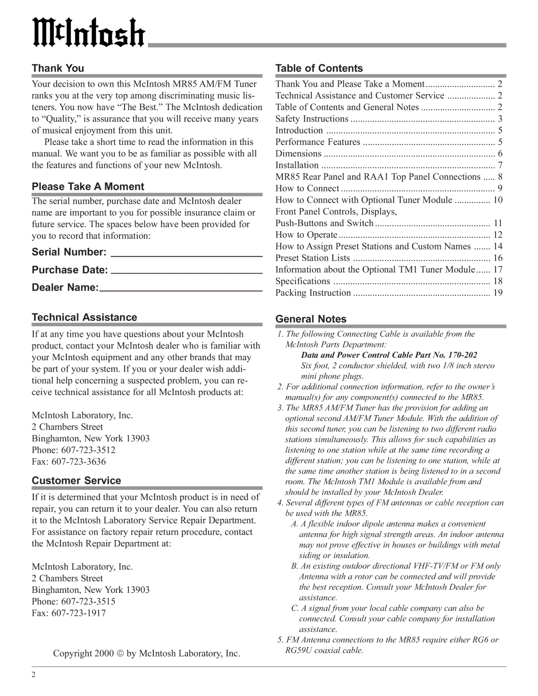 McIntosh M85 manual Thank You, Please Take a Moment, Customer Service, Table of Contents, General Notes 